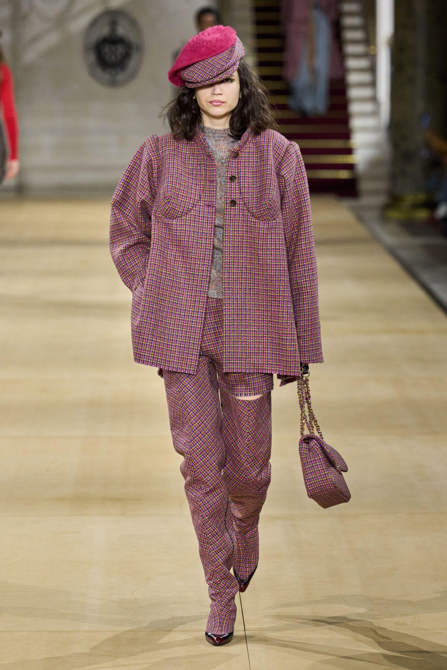 pink checked jacket and pants