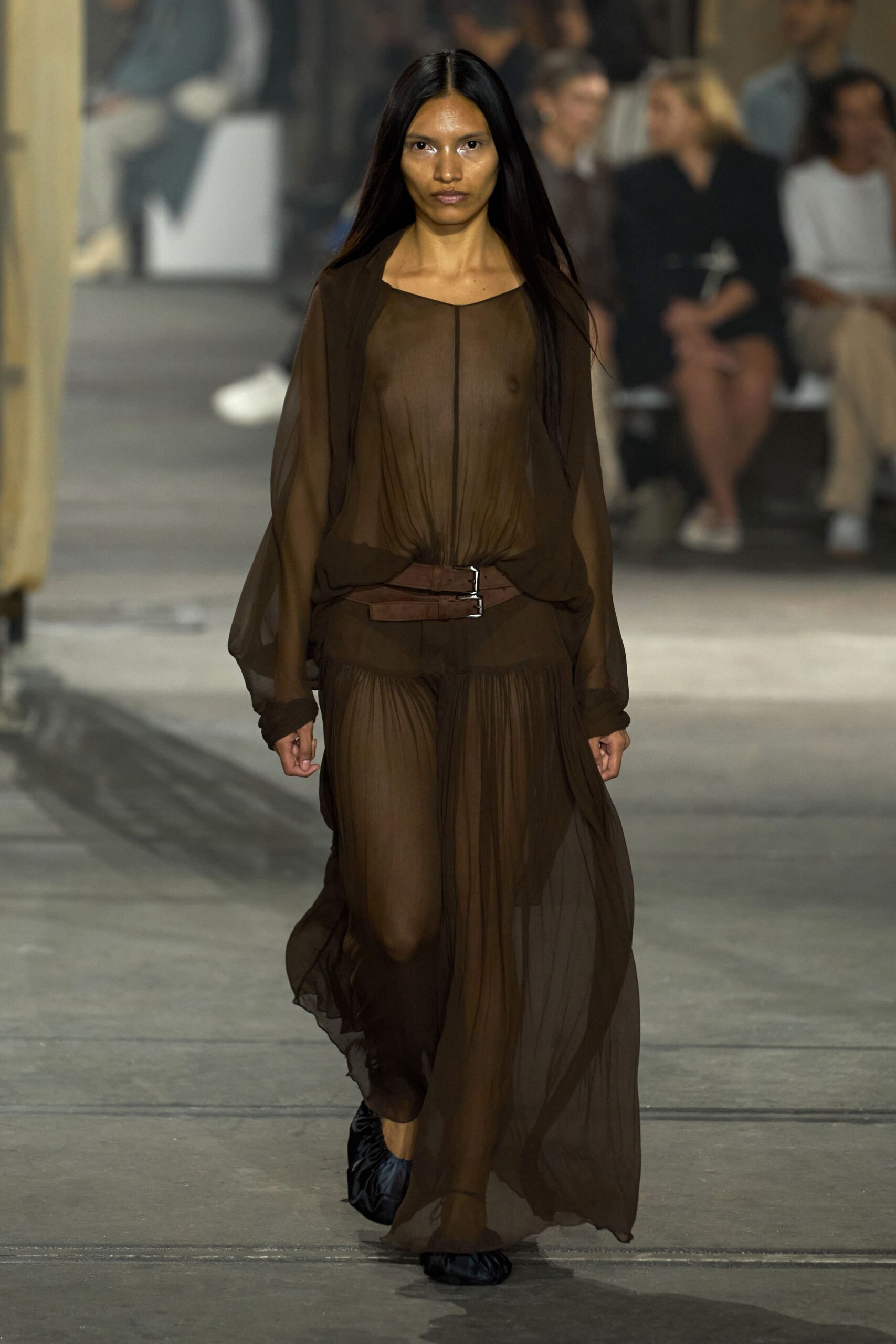 brown silk long-sleeve v-neck relaxed draped dress