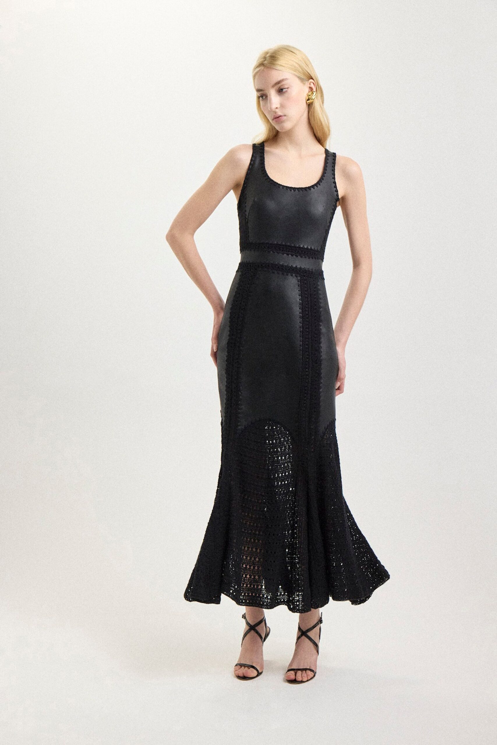 black leather sleeveless square-neck fitted flared sheer dress