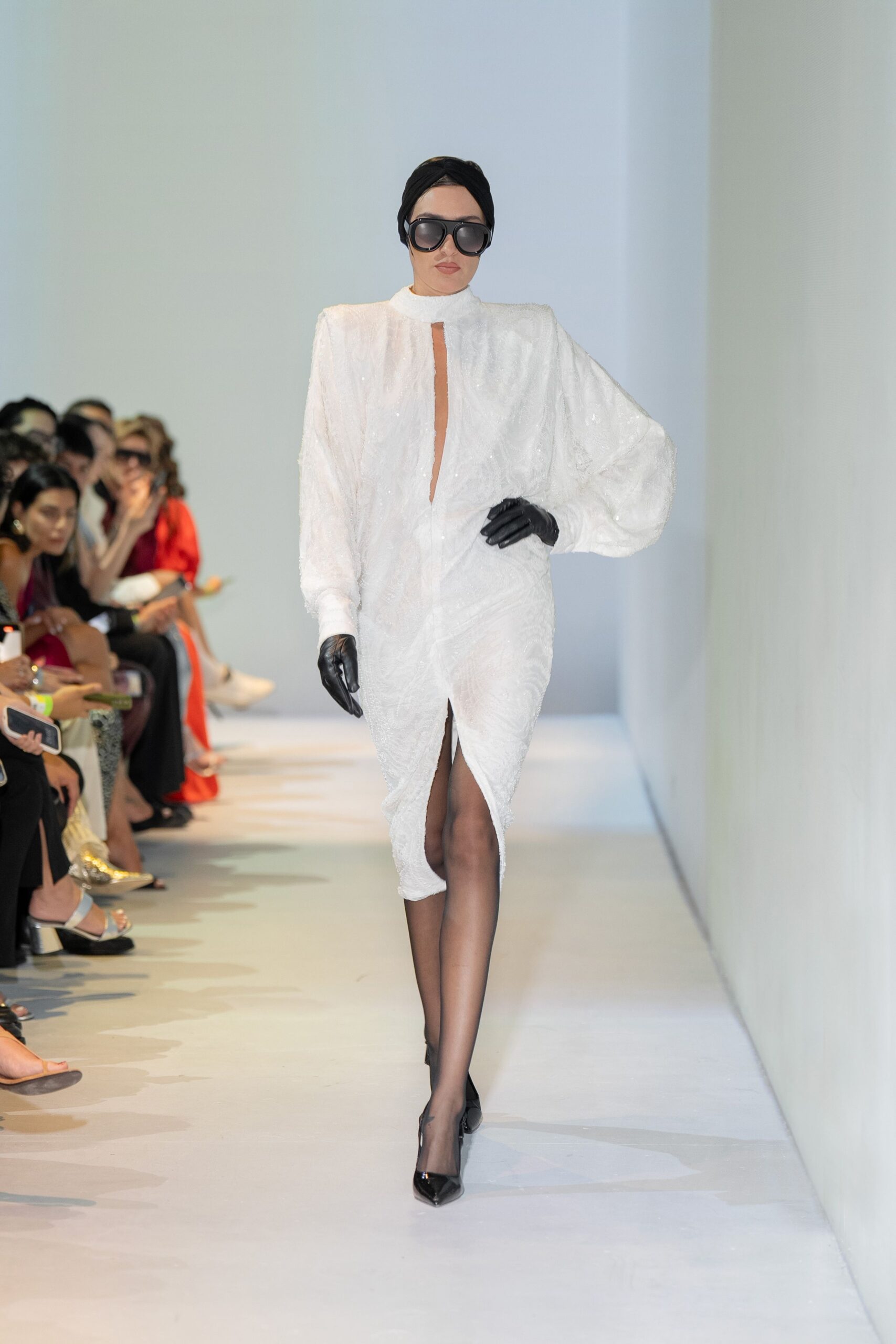 white silk long-sleeve high-neck fitted pleated embellished dress