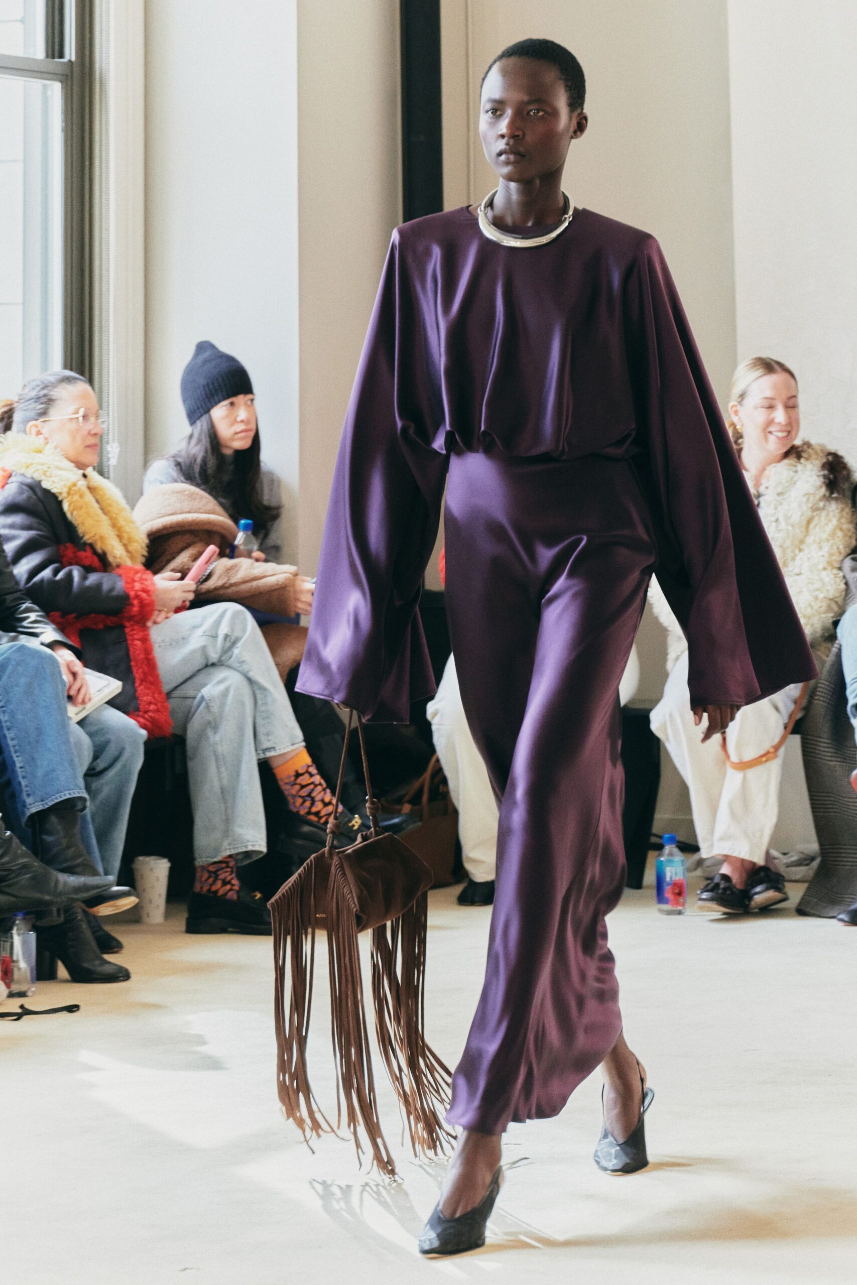 purple silk long-sleeve high-neck relaxed draped flowing dress