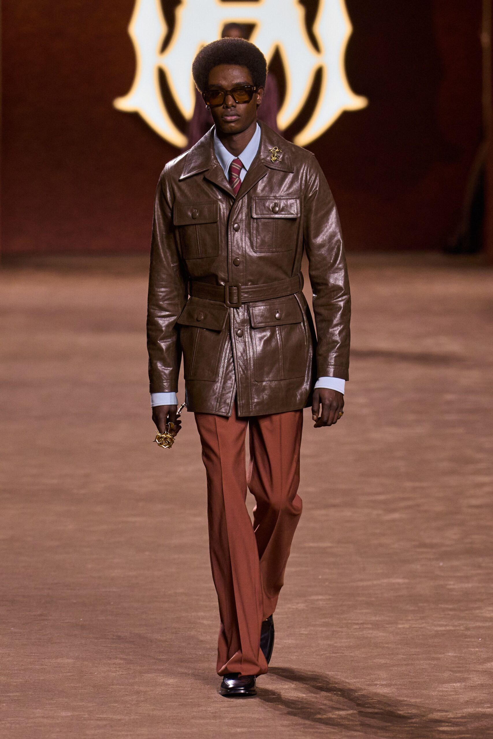 brown leather long-sleeve collared tailored belted jacket