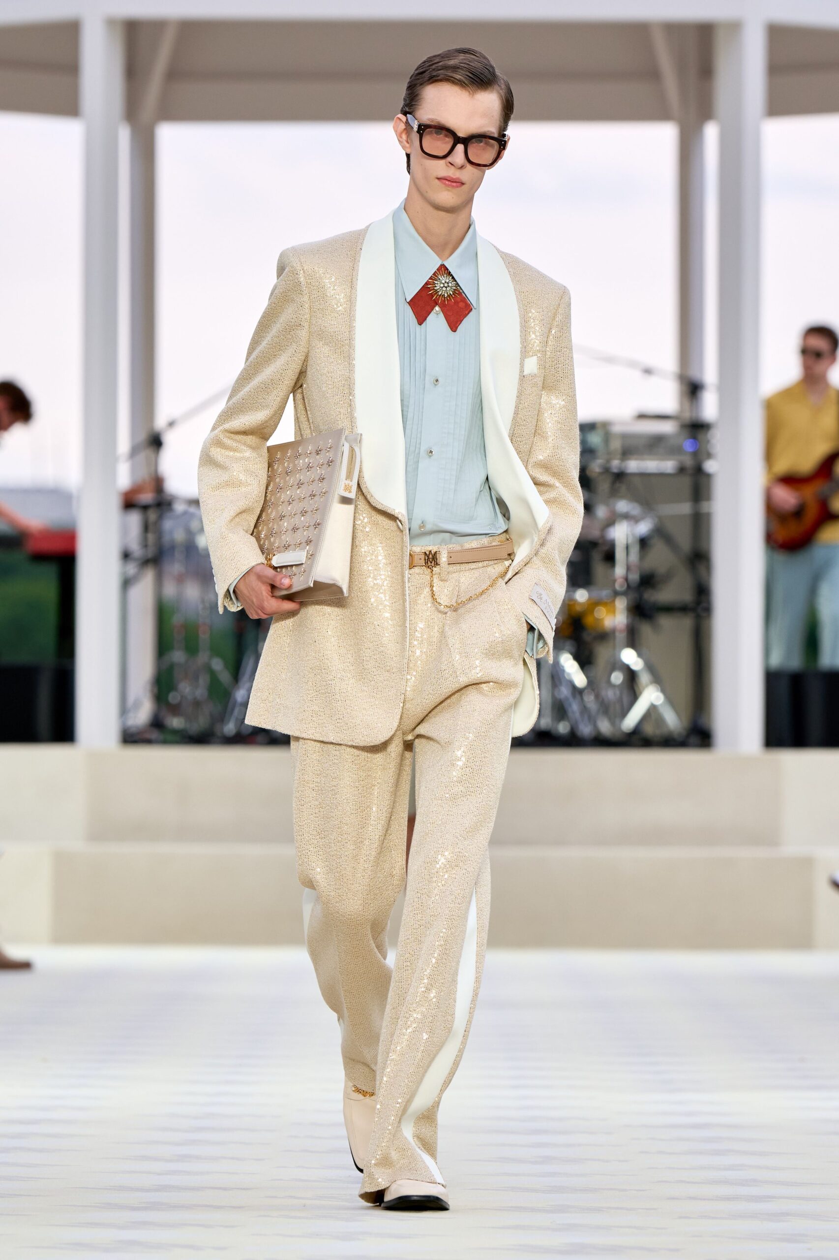 beige silk long-sleeve collared tailored sequined shiny suit