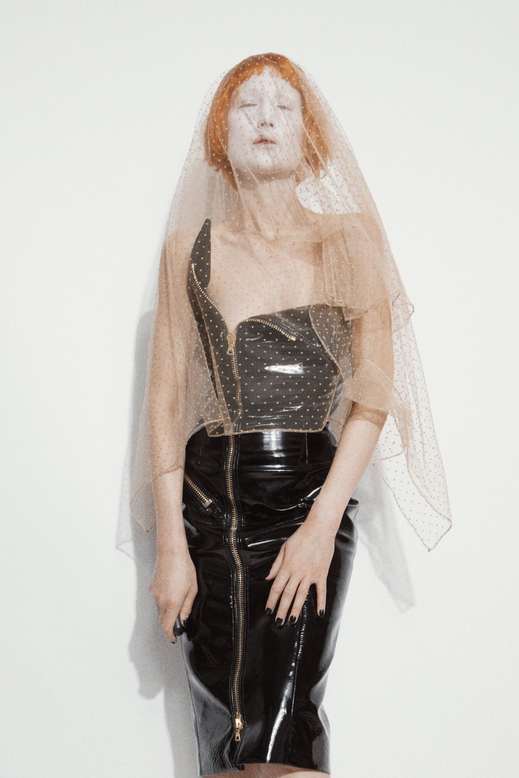 black leather fitted dress with veil