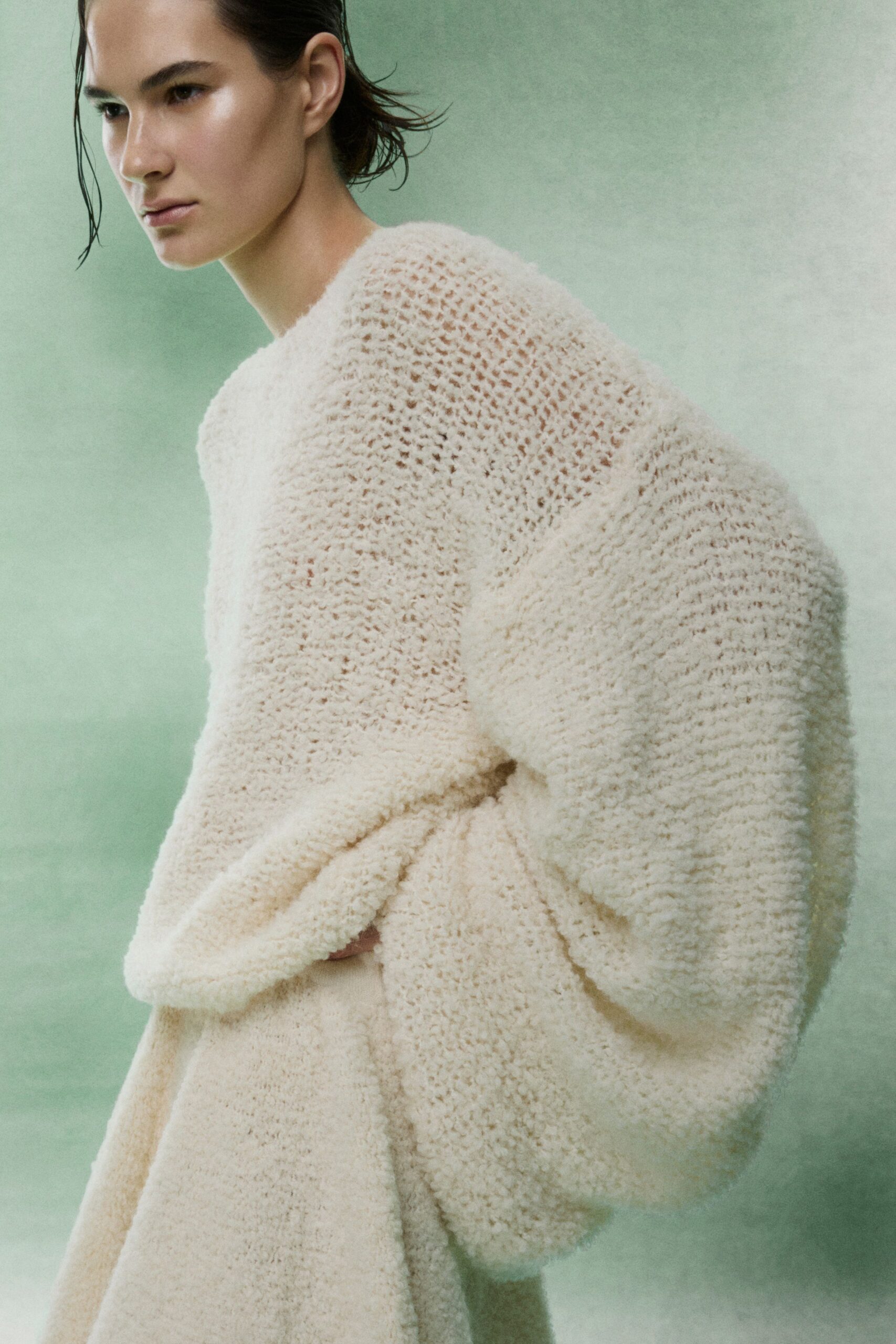 white wool long-sleeve collared relaxed textured sweater