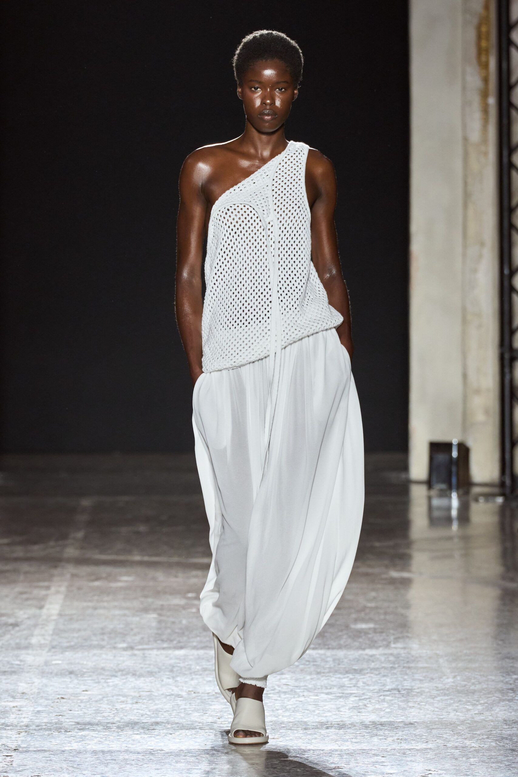 white cotton sleeveless high-neck relaxed pleated sheer top
