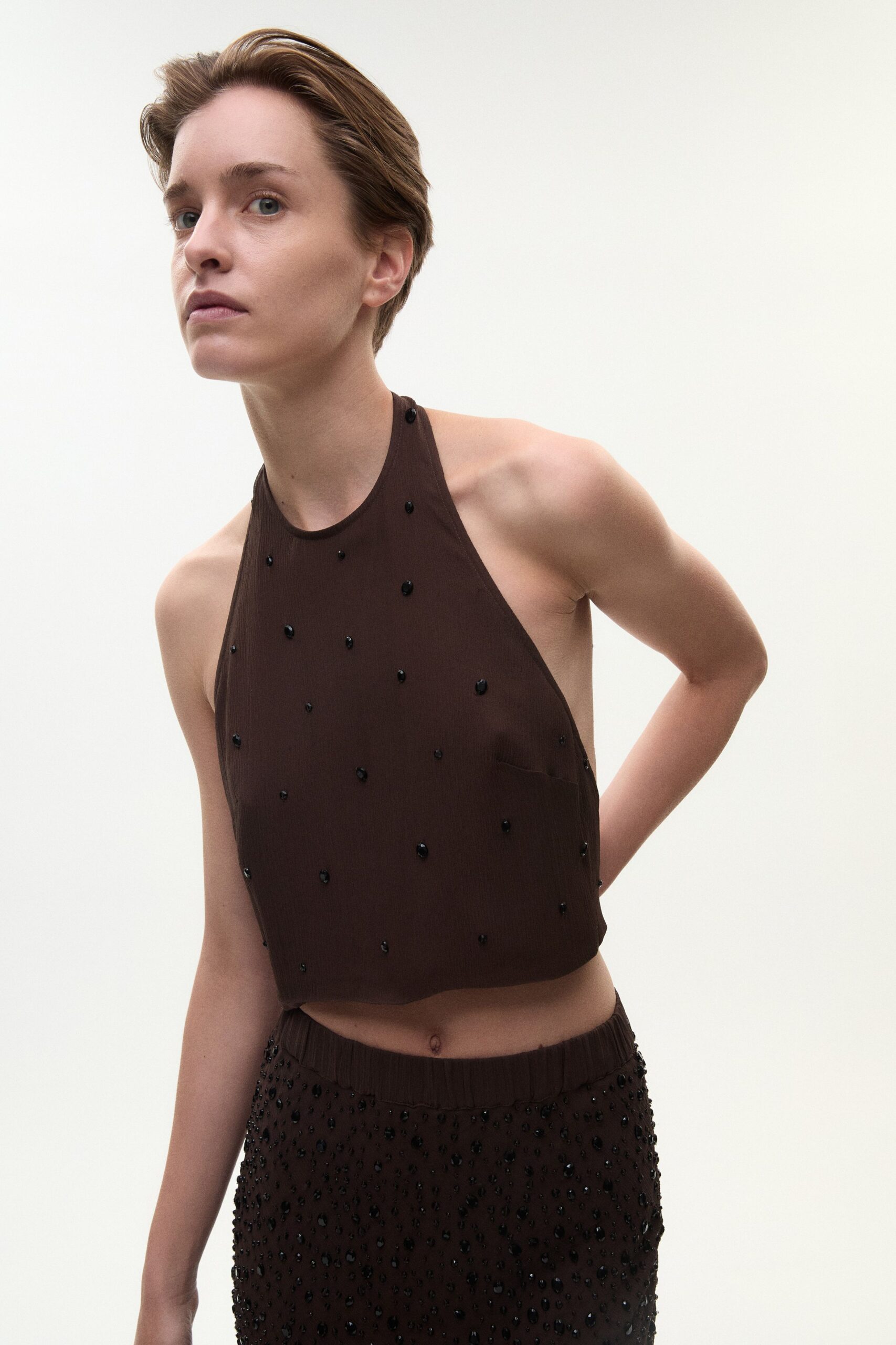brown silk sleeveless halter fitted beaded cropped crop-top