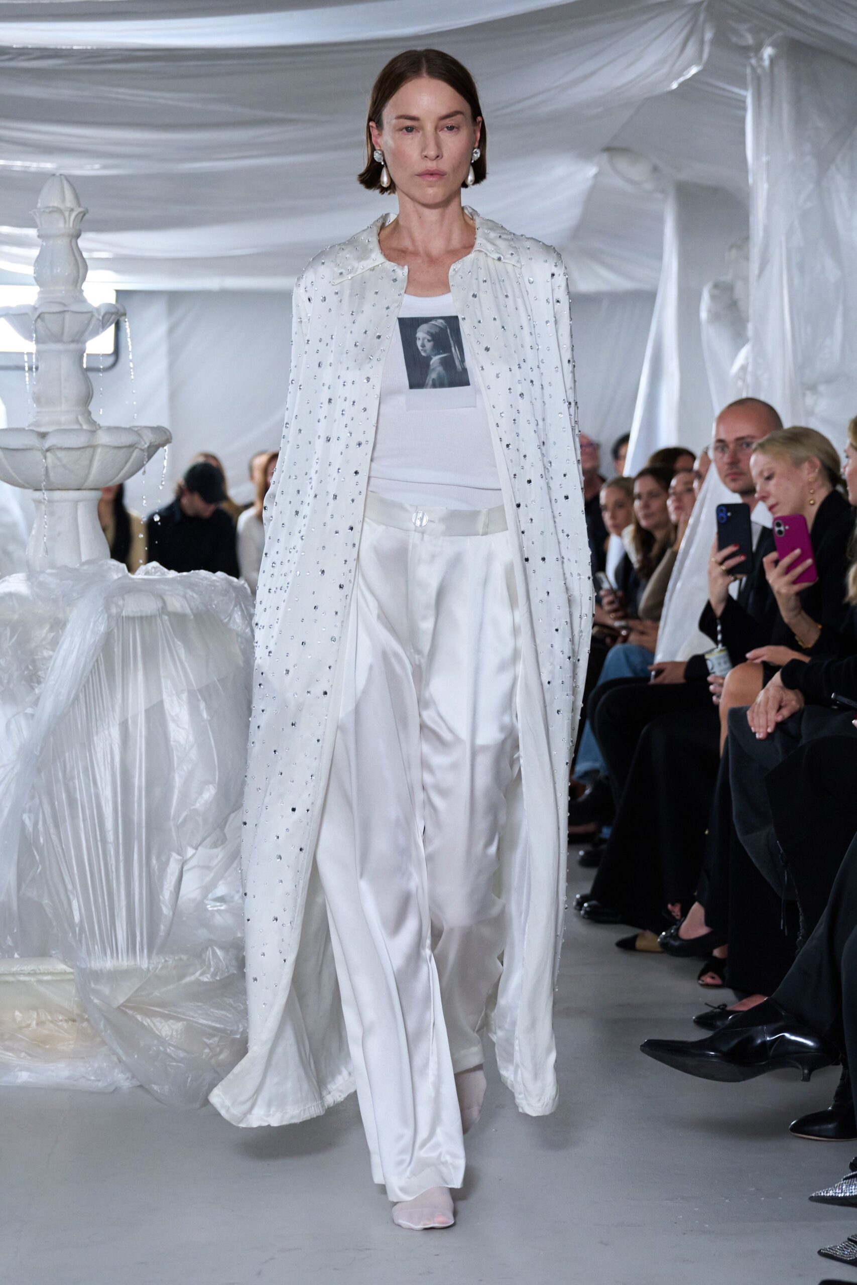 white silk long-sleeve high-neck longline embellished draped cape