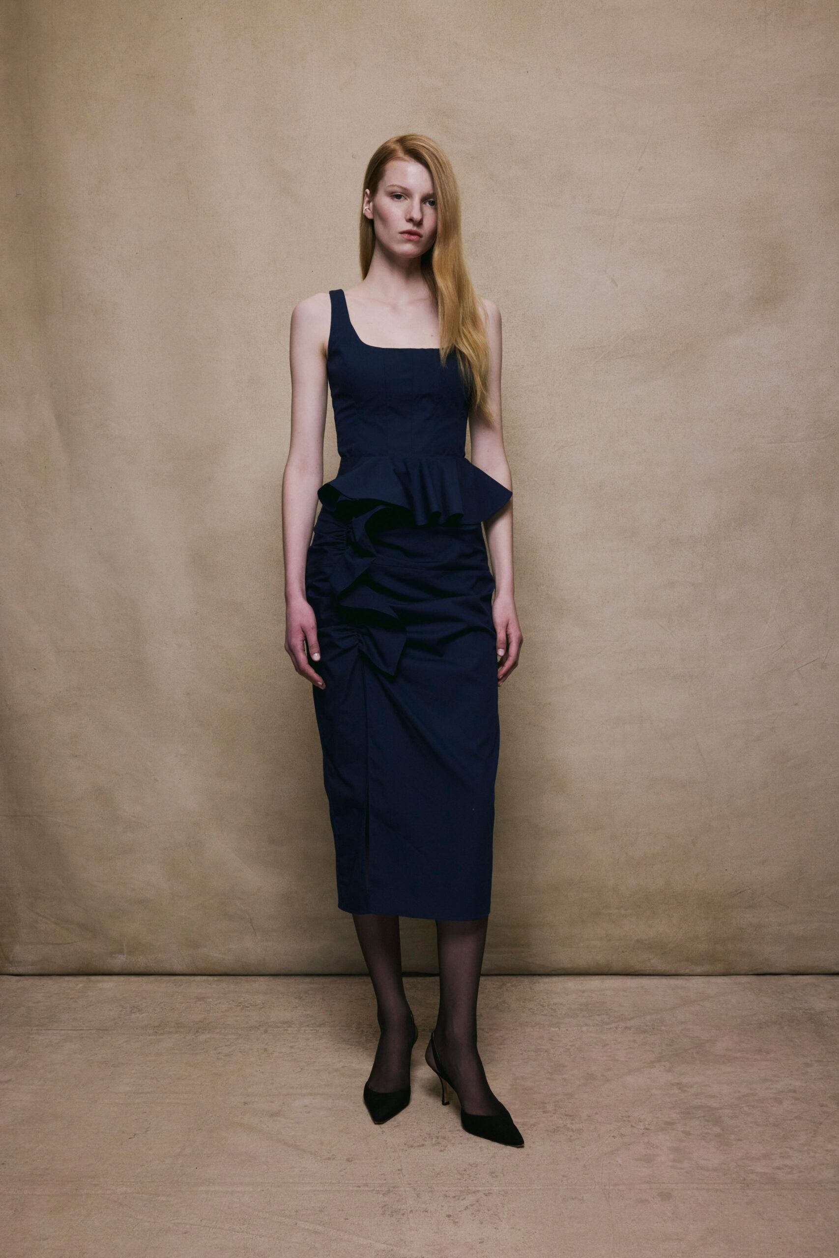 blue fitted midi dress with pleats