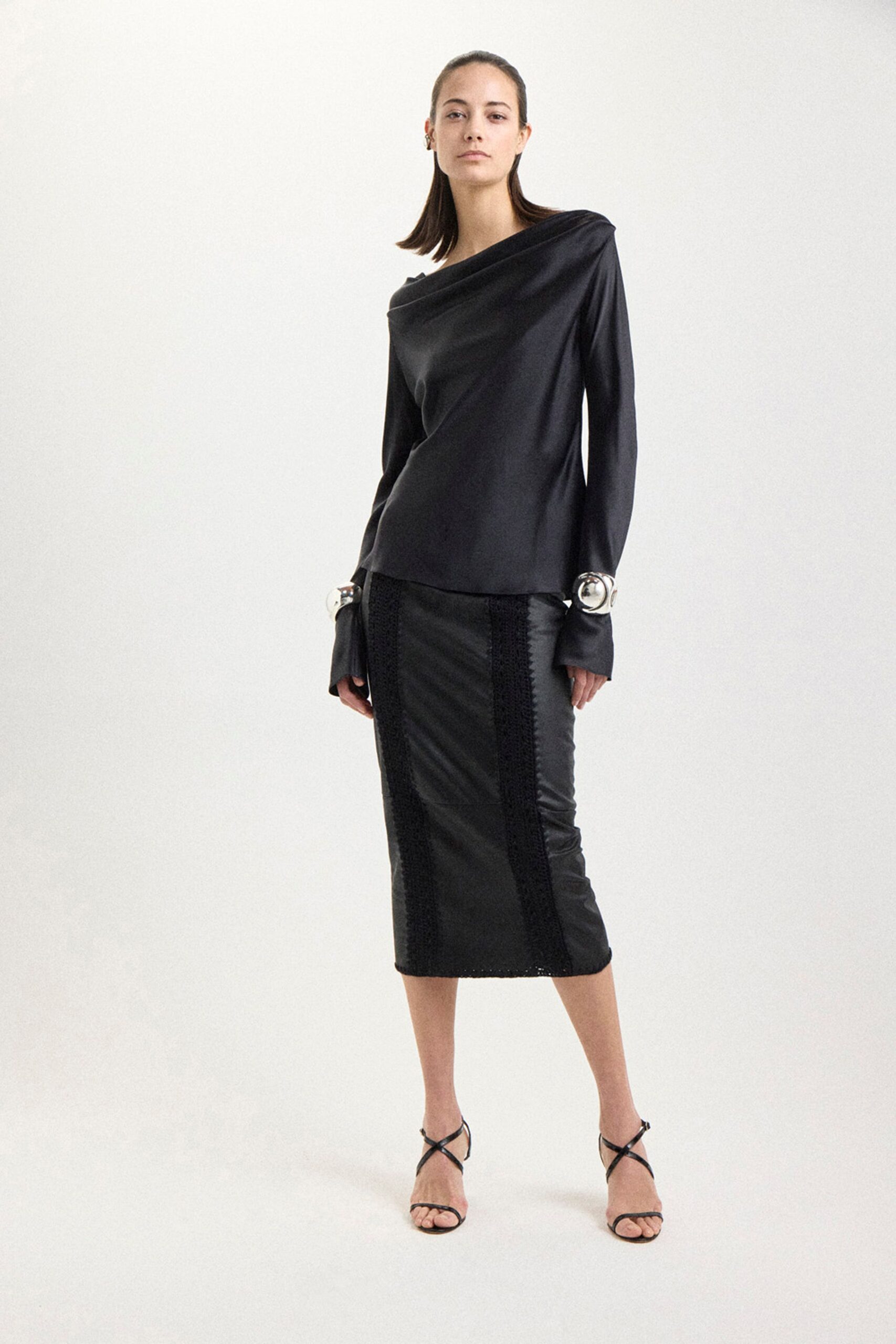 black leather long-sleeve off-shoulder fitted top