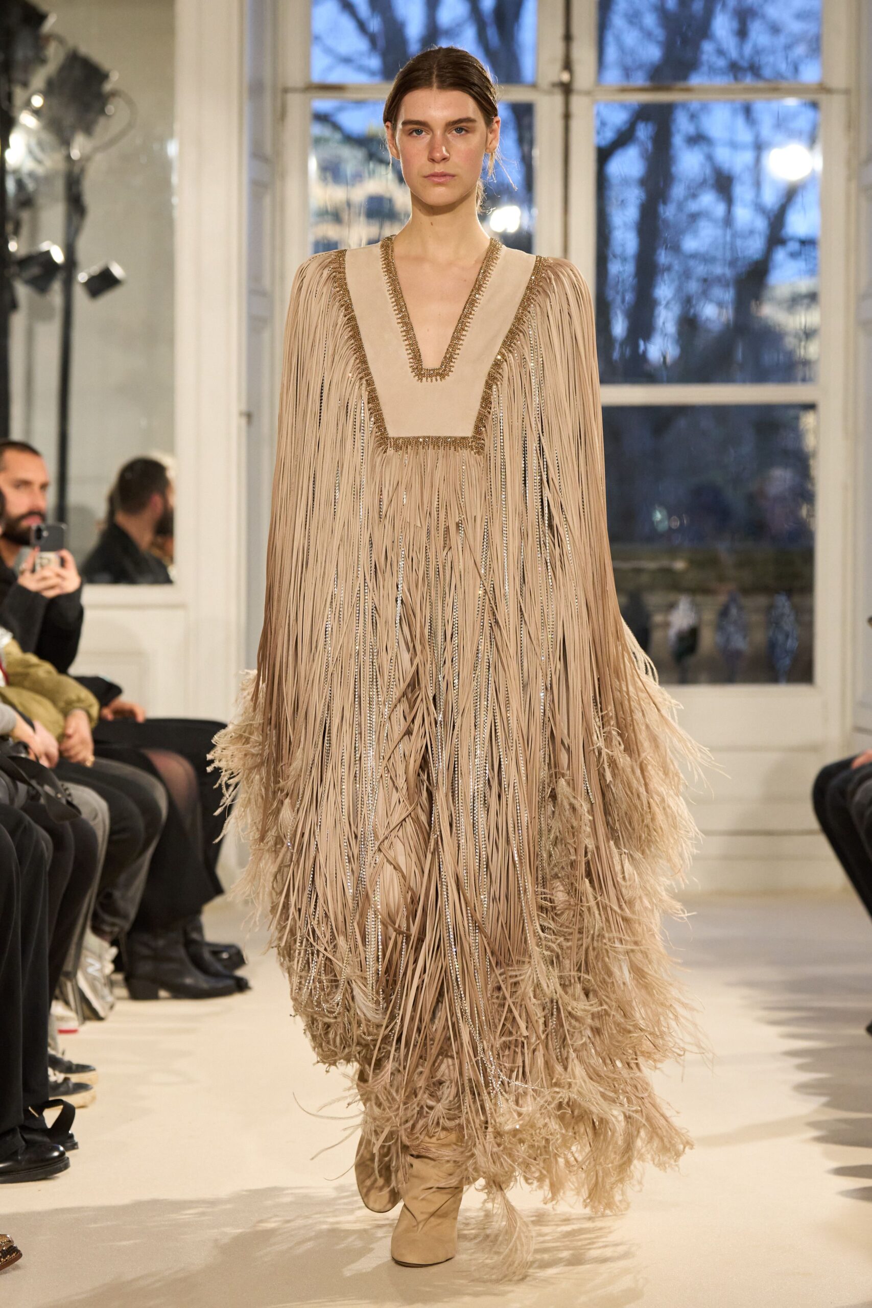 beige silk sleeveless v-neck relaxed fringed flowing gown