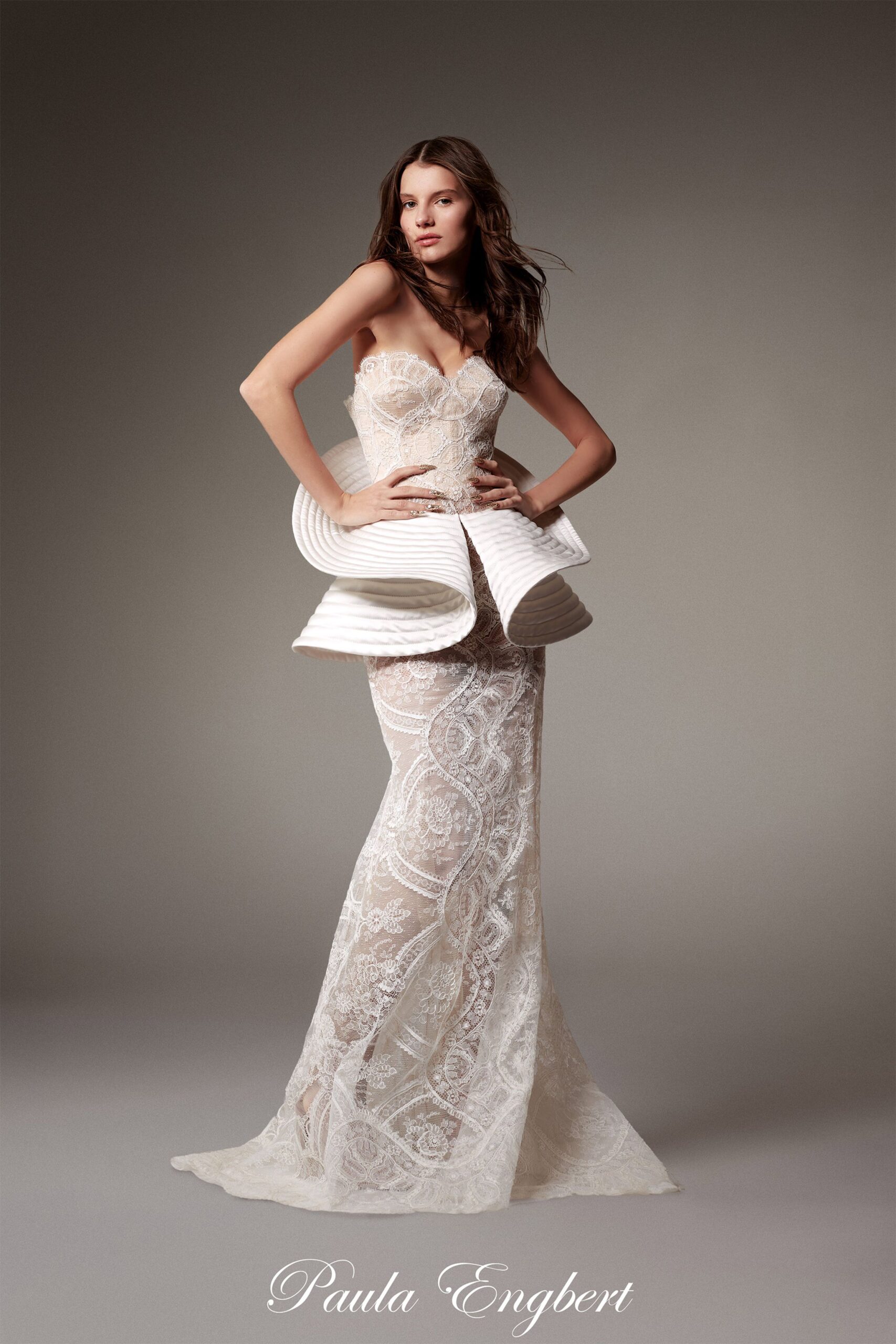 white lace strapless gown