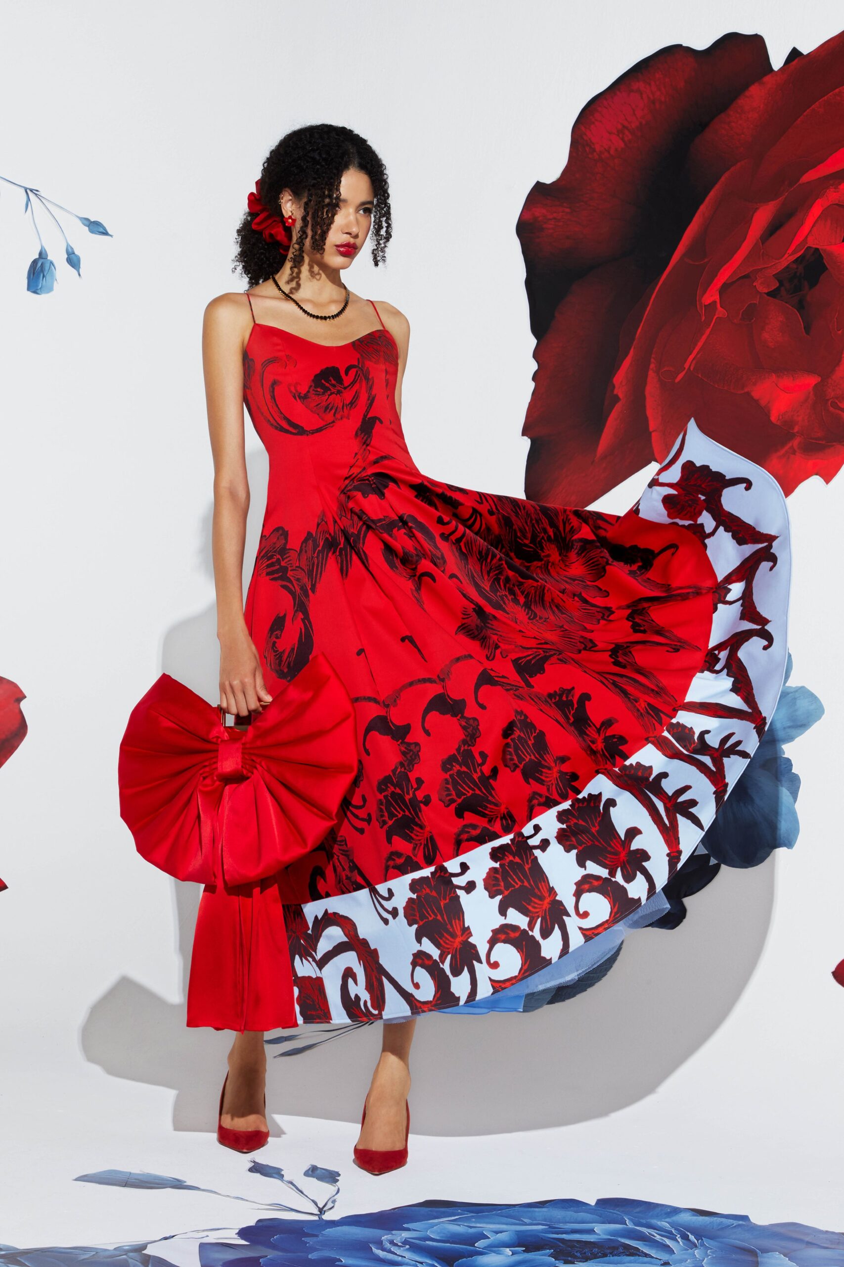 red and black printed midi dress
