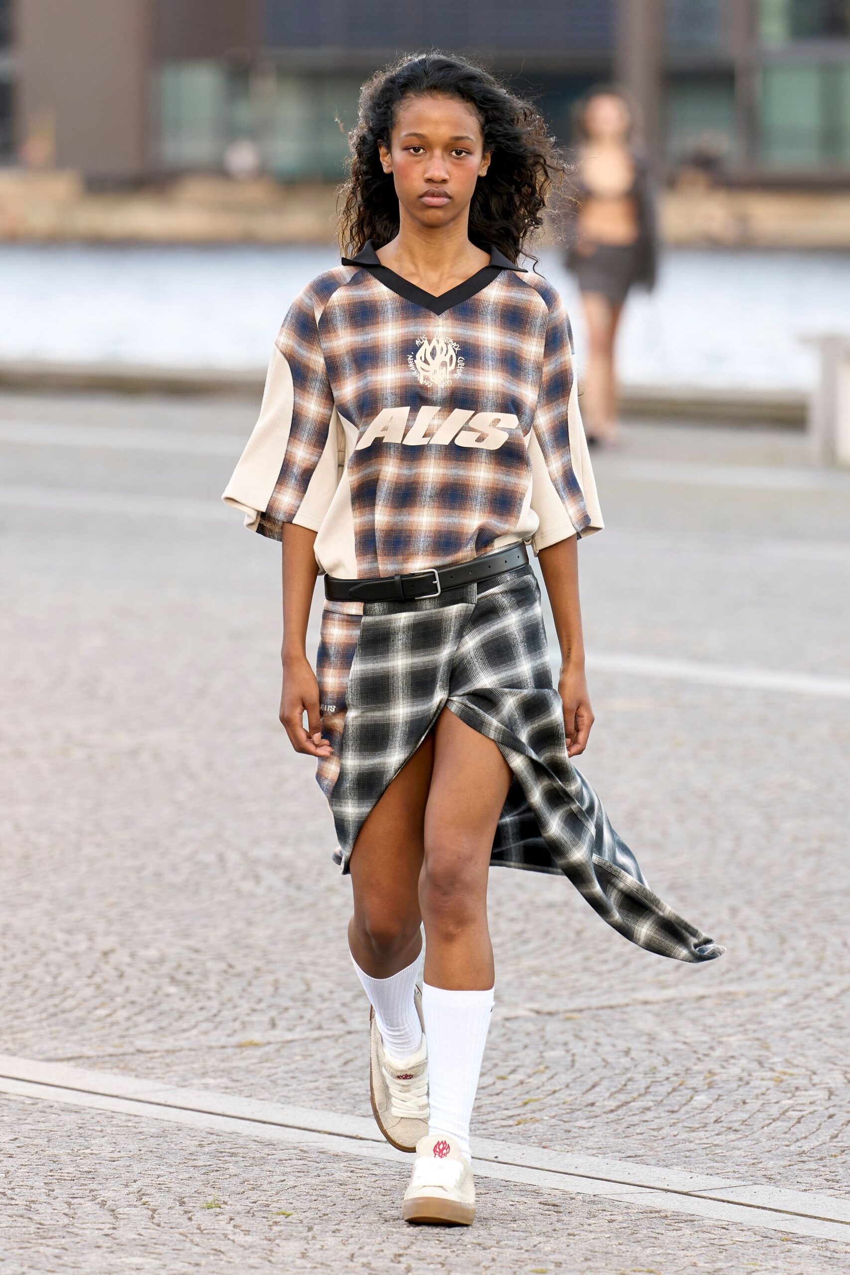 plaid top and skirt with sneakers