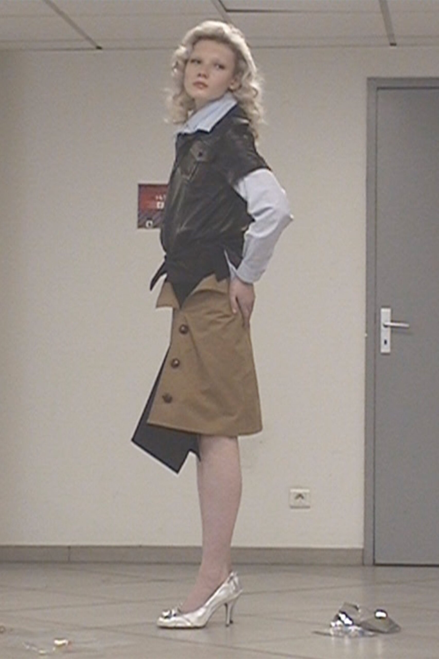 brown cotton asymmetric fitted buttoned skirt