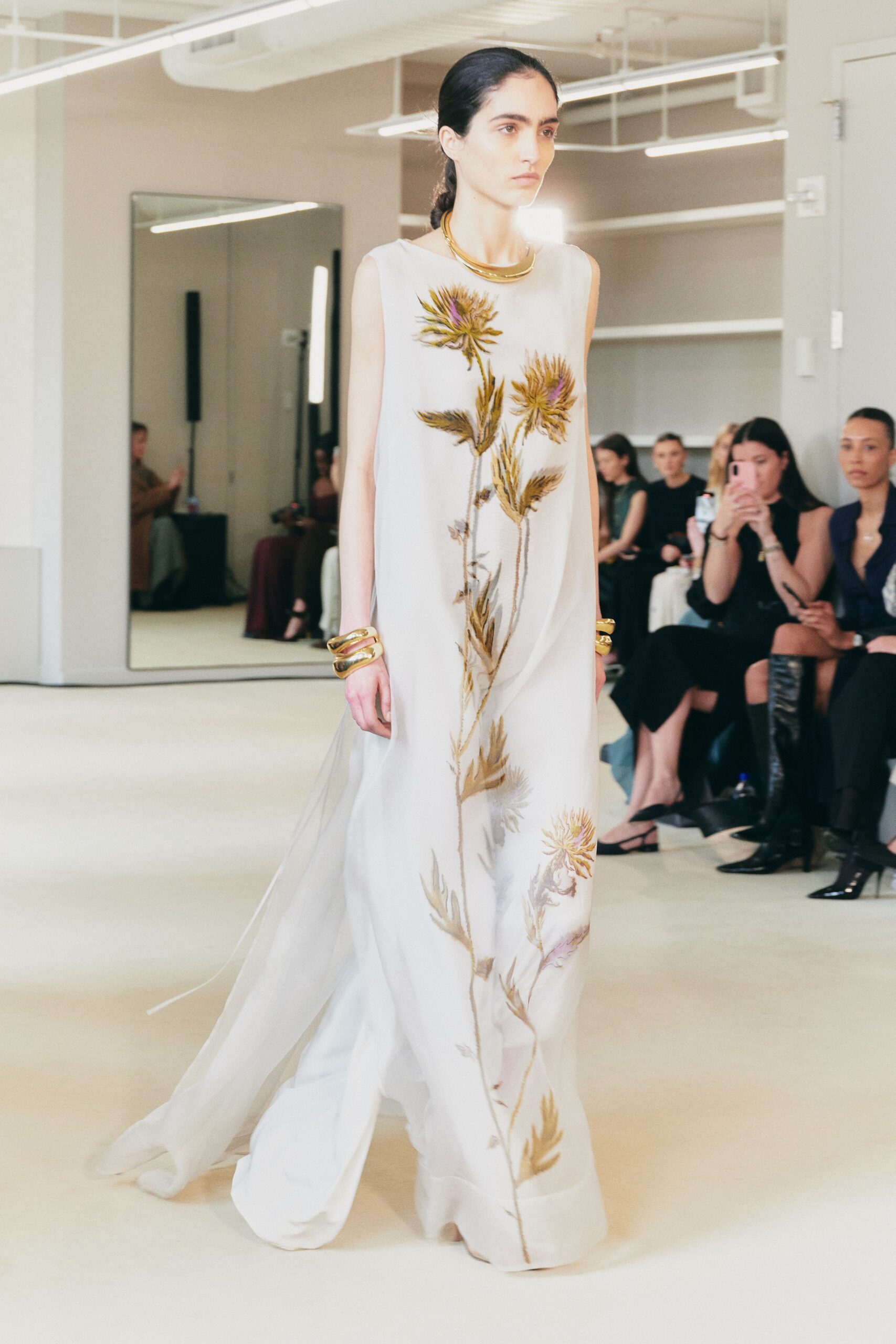 white silk embroidered gown