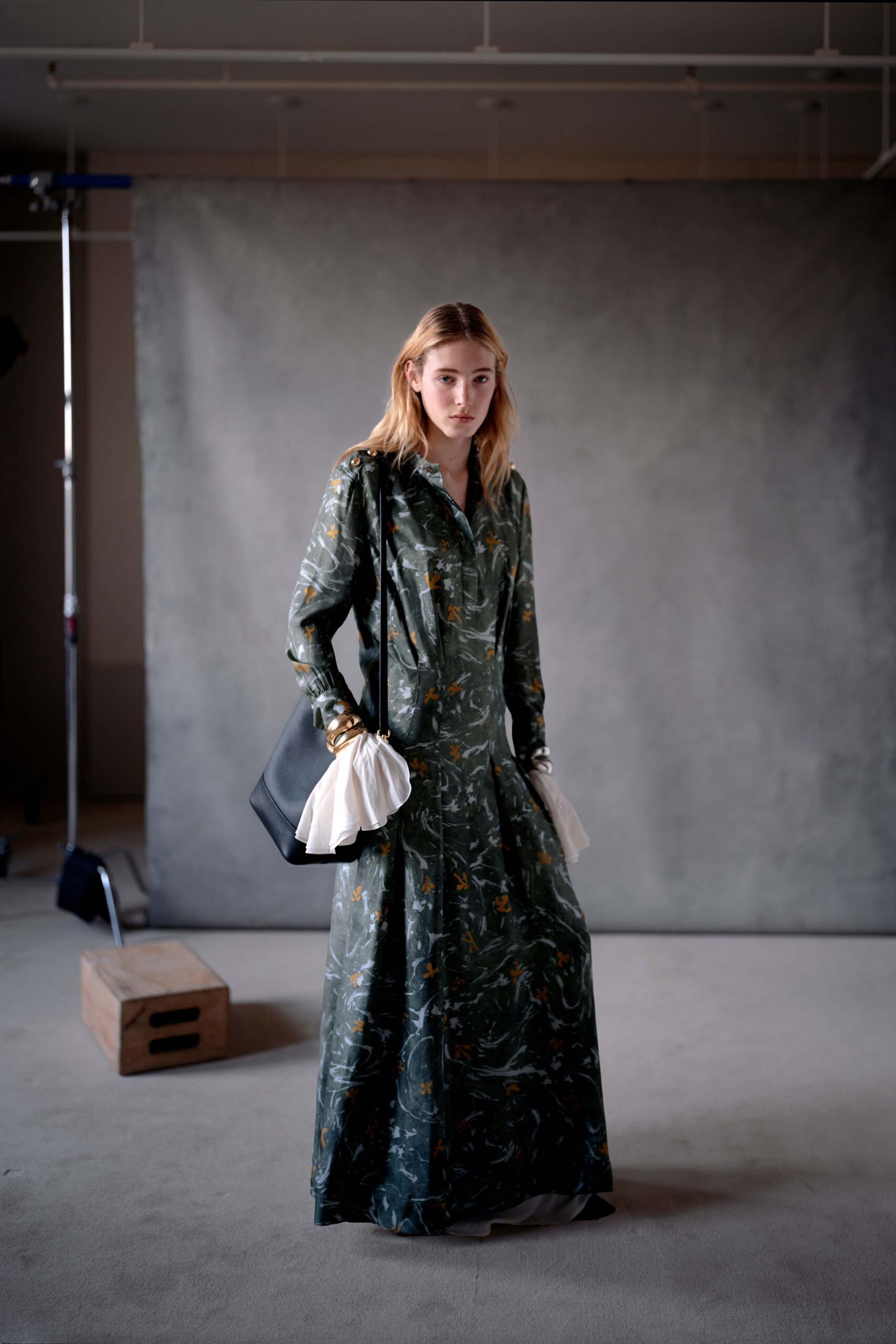 green floral maxi dress with bag