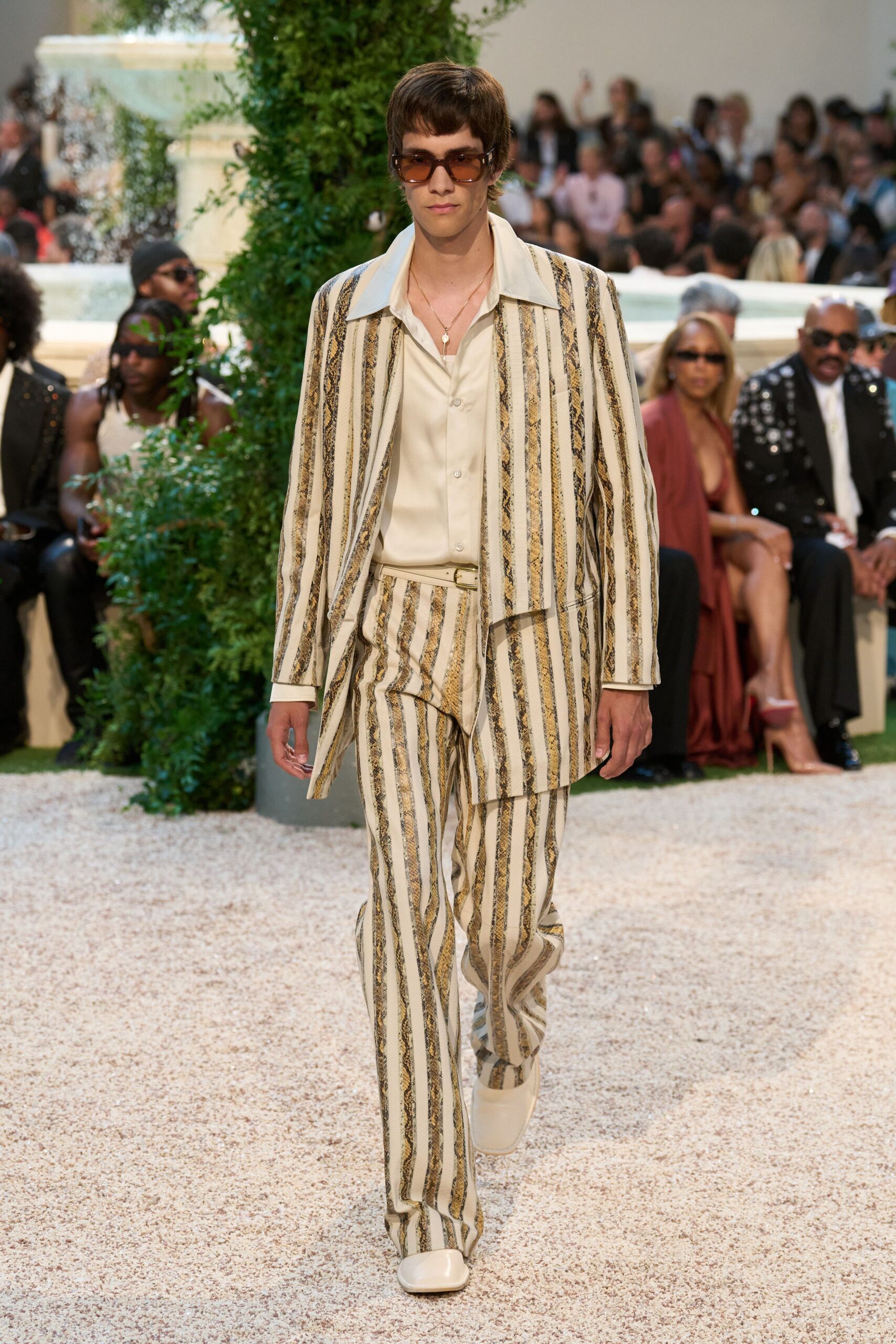 beige silk long-sleeve collared oversized longline striped blazer