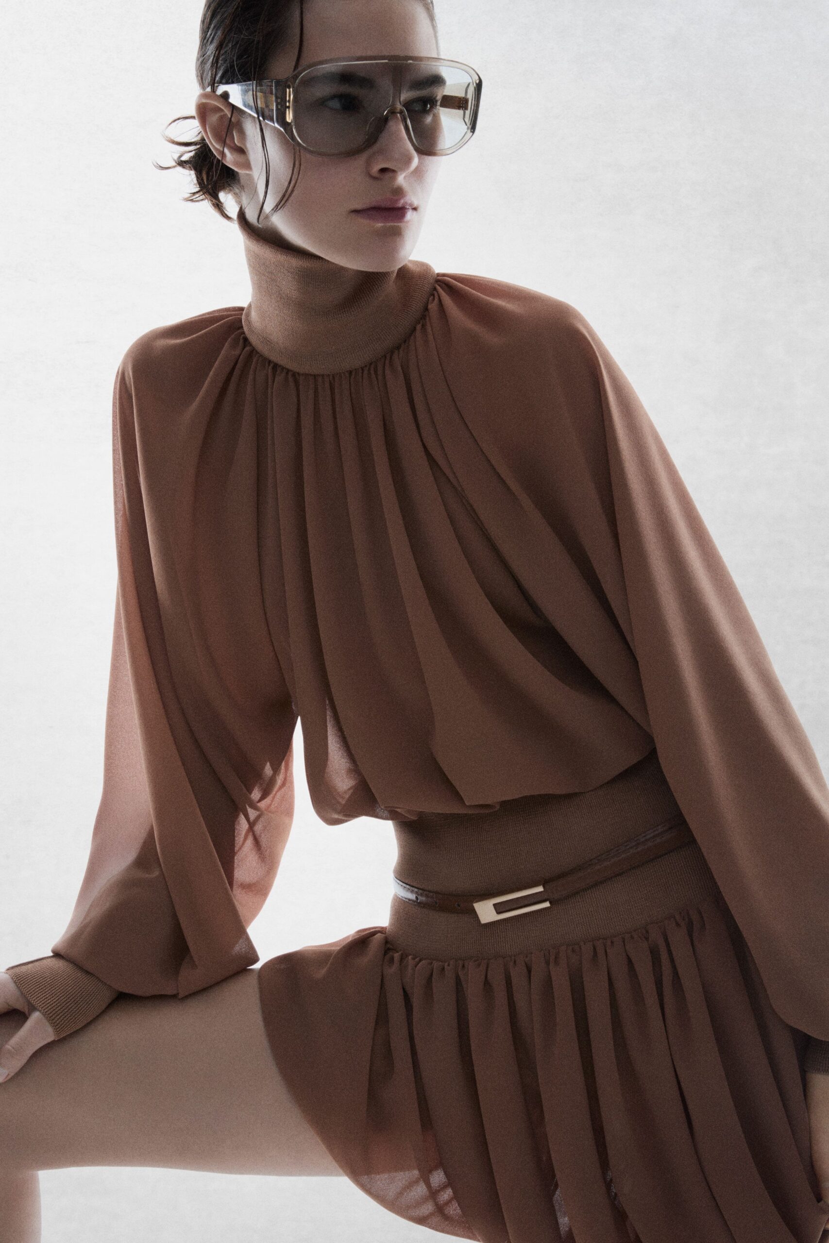 brown silk fitted high-waisted tiered flowing skirt