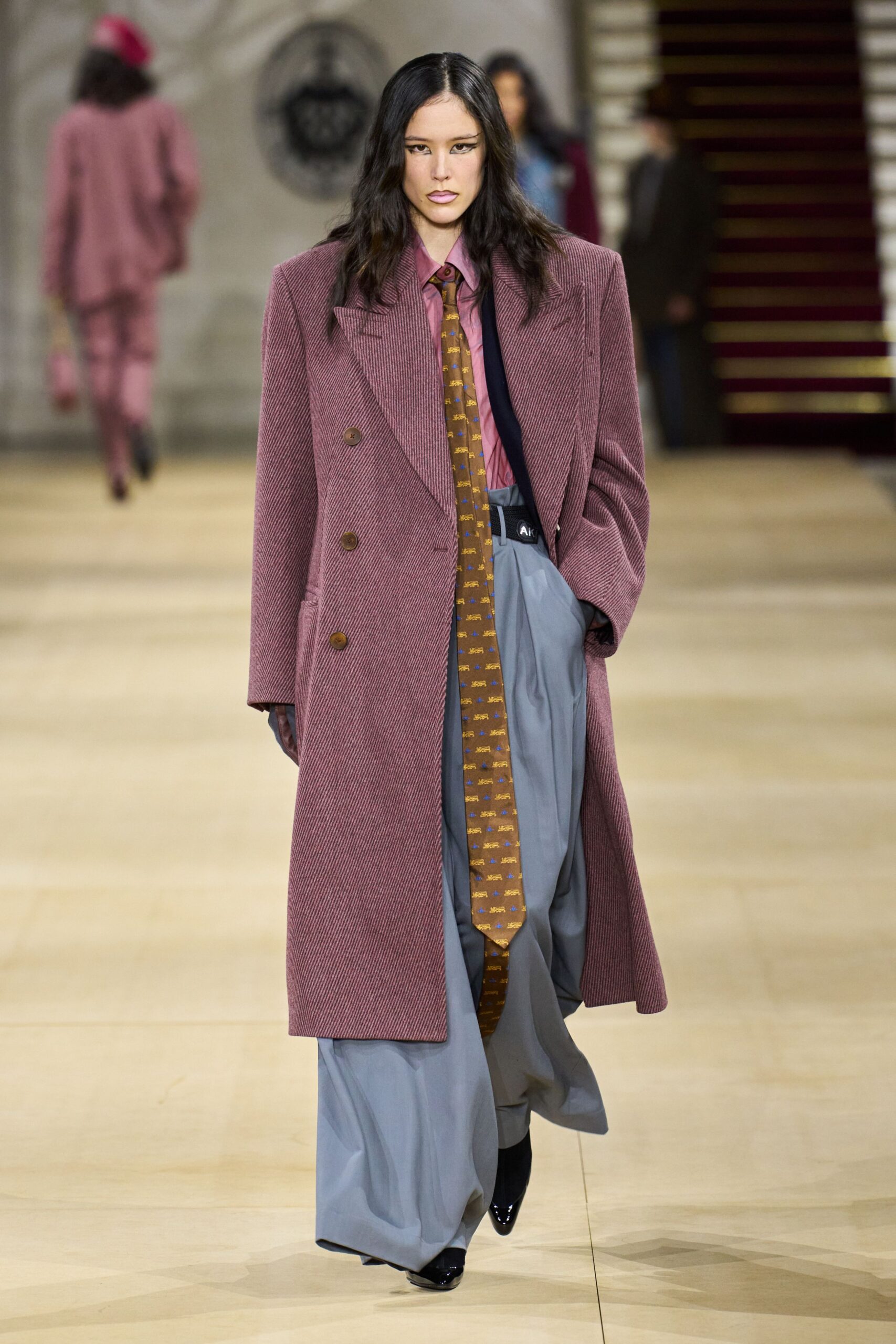 pink wool coat with gray pants
