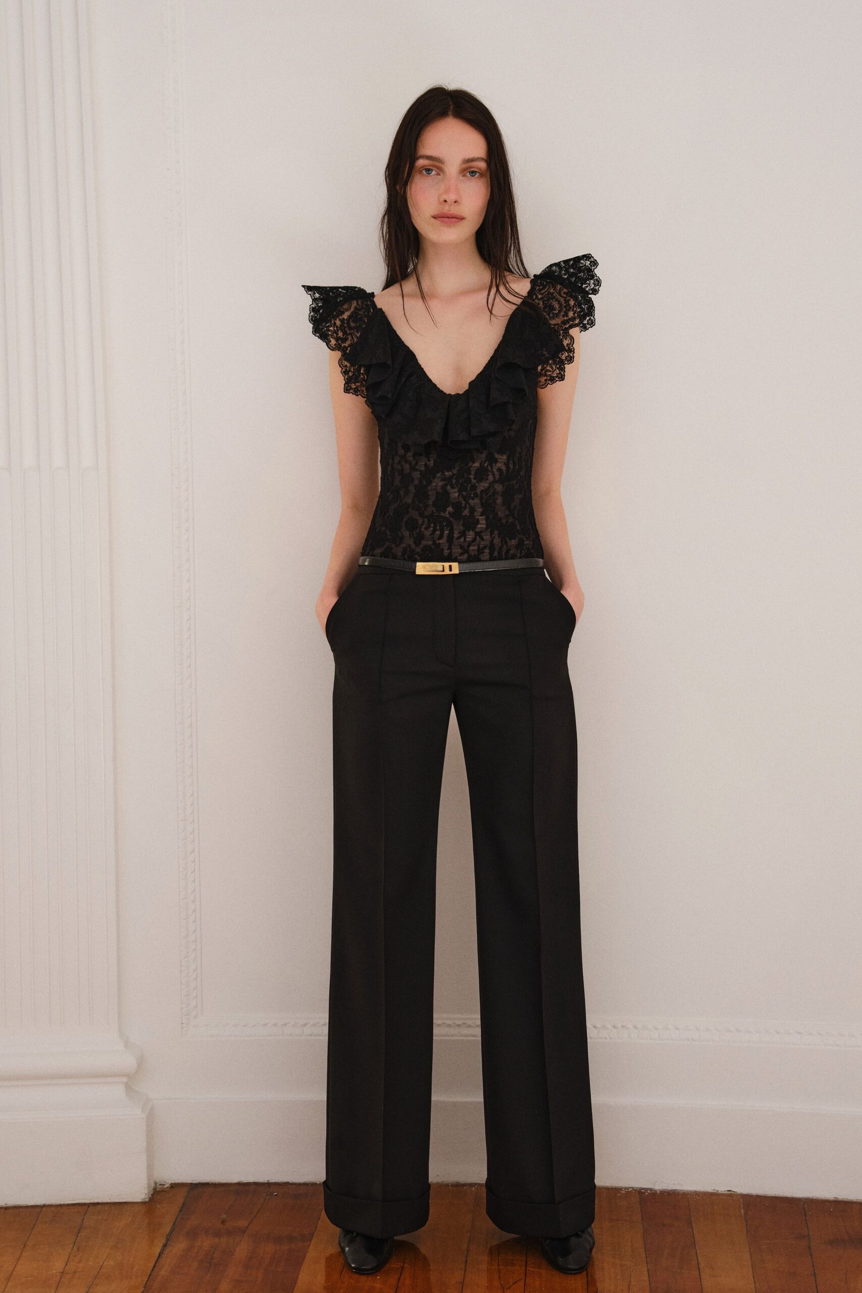 black wool structured wide-leg pants