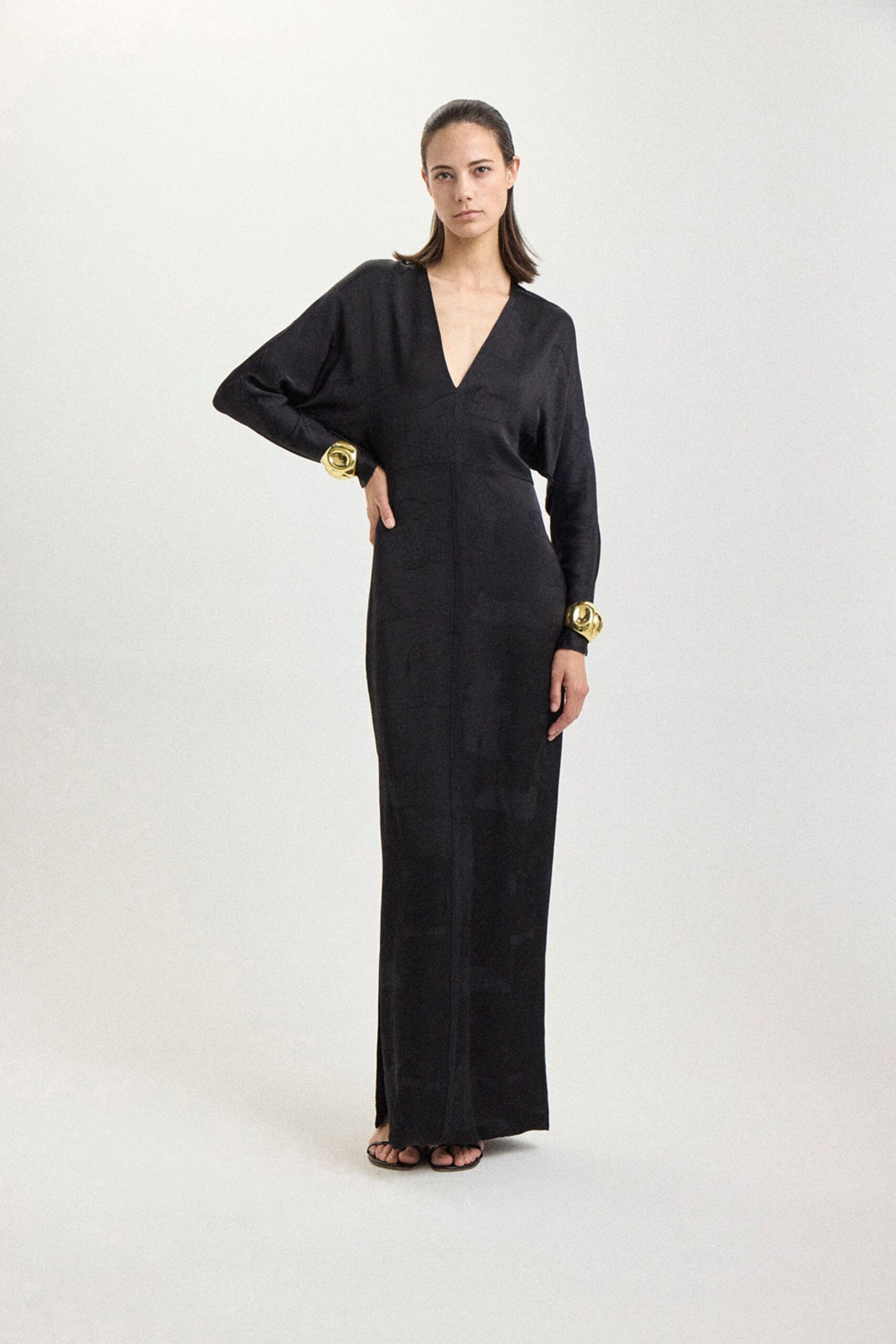 black silk long-sleeve v-neck fitted straight-leg maxi gown