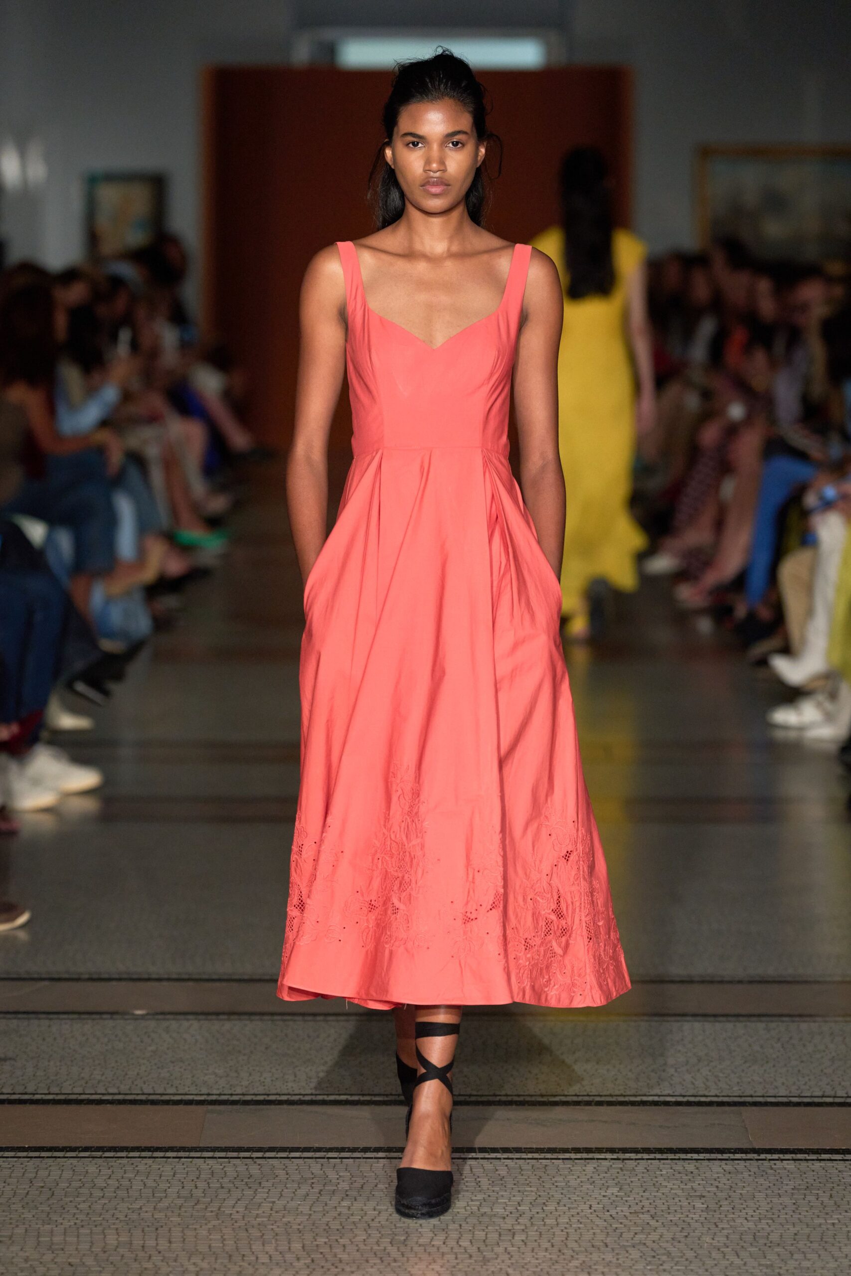 coral midi dress with black shoes