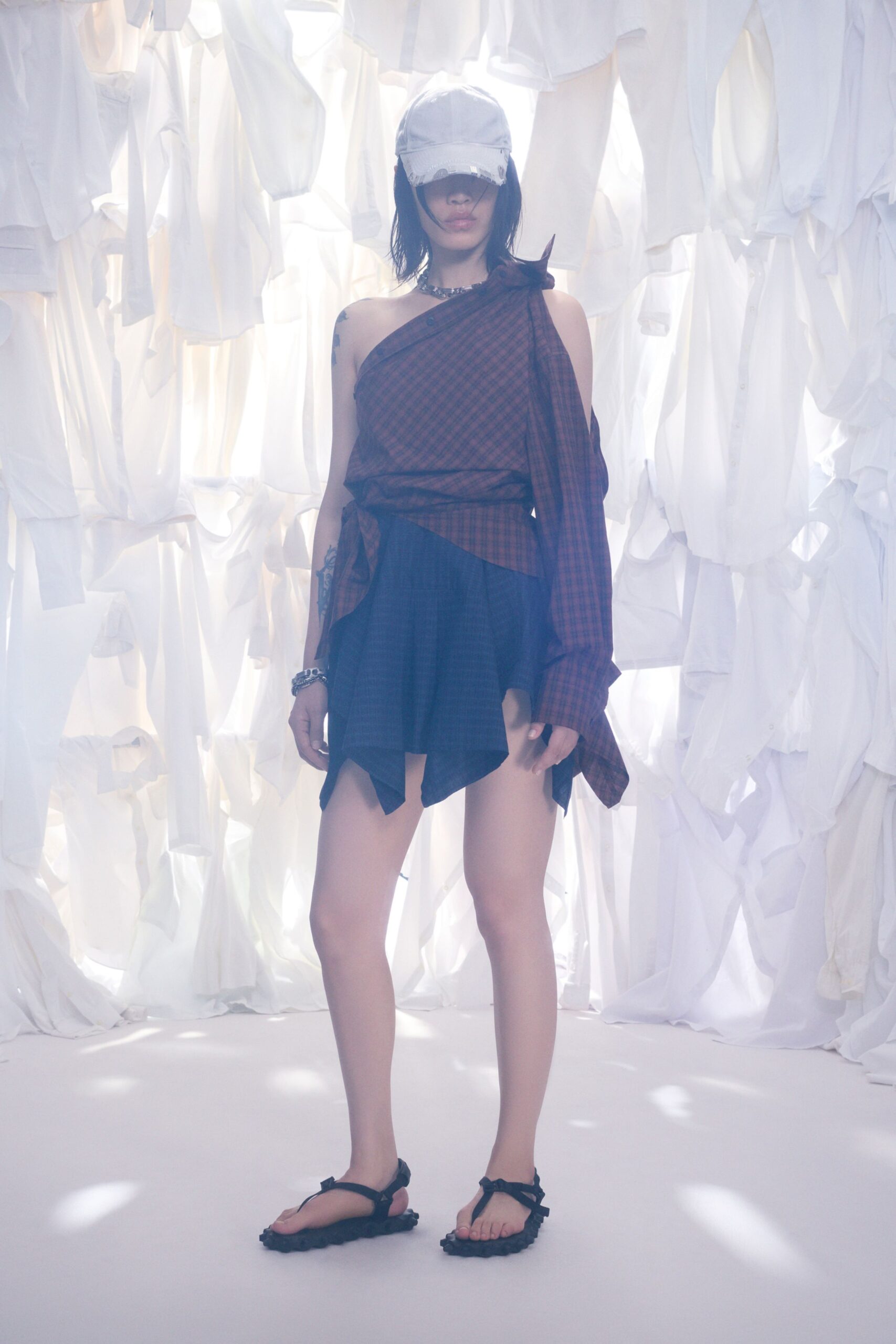brown cotton sleeveless asymmetric fitted checked layered dress