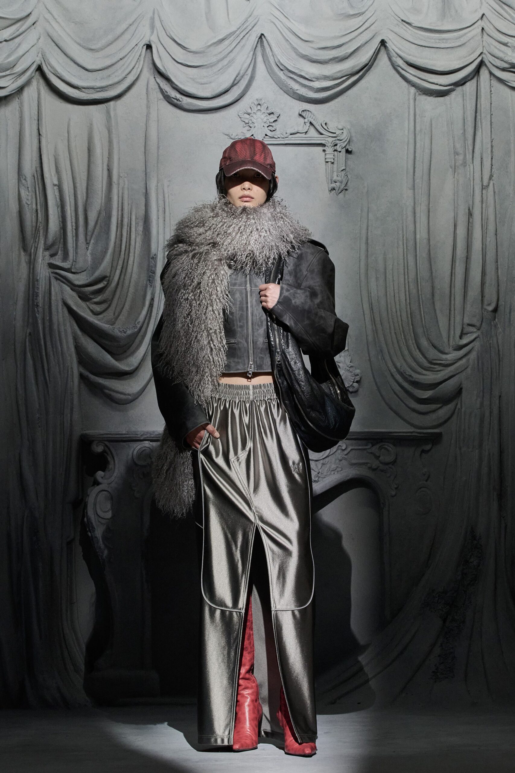 gray satin relaxed zippered shiny skirt