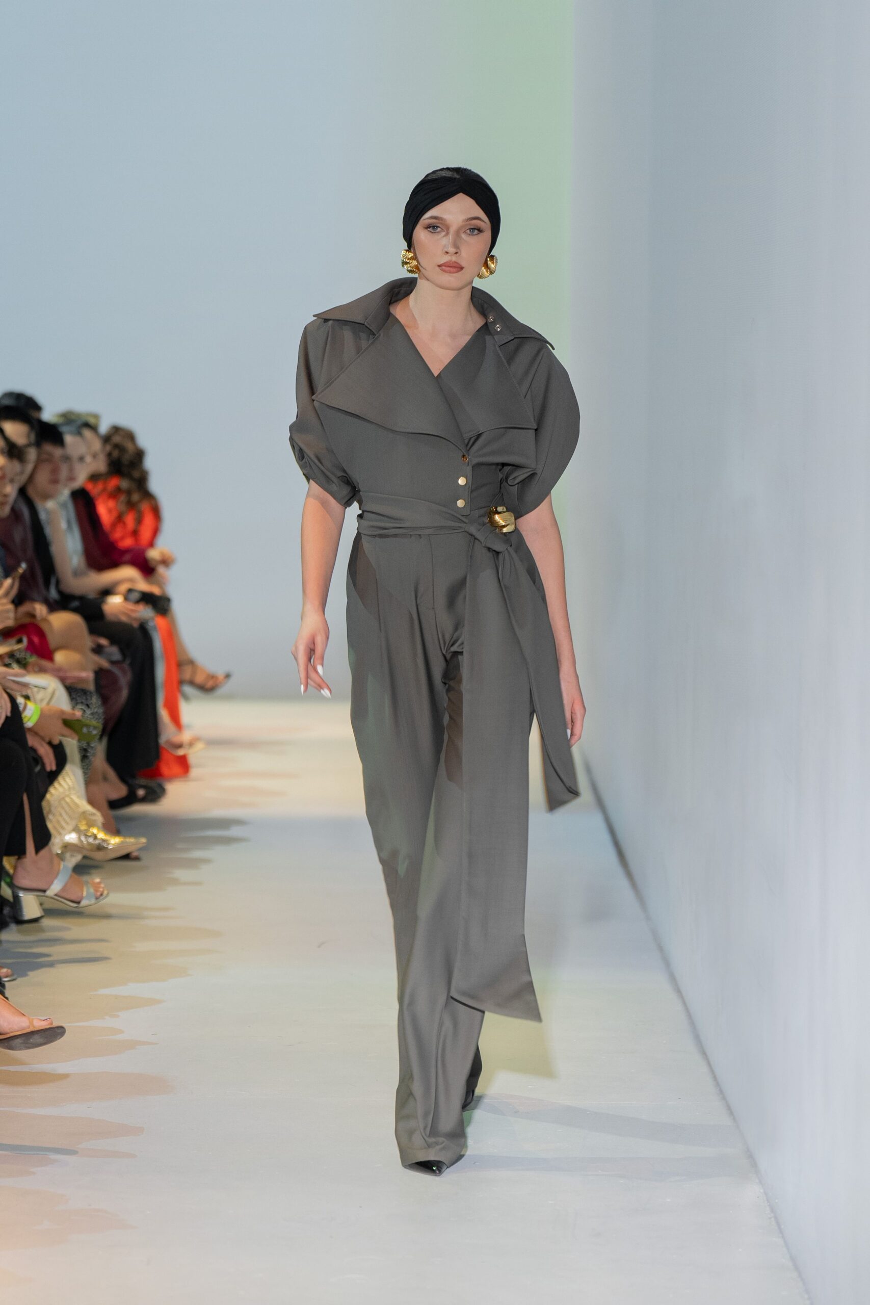 gray silk long-sleeve collared fitted buttoned belted jumpsuit