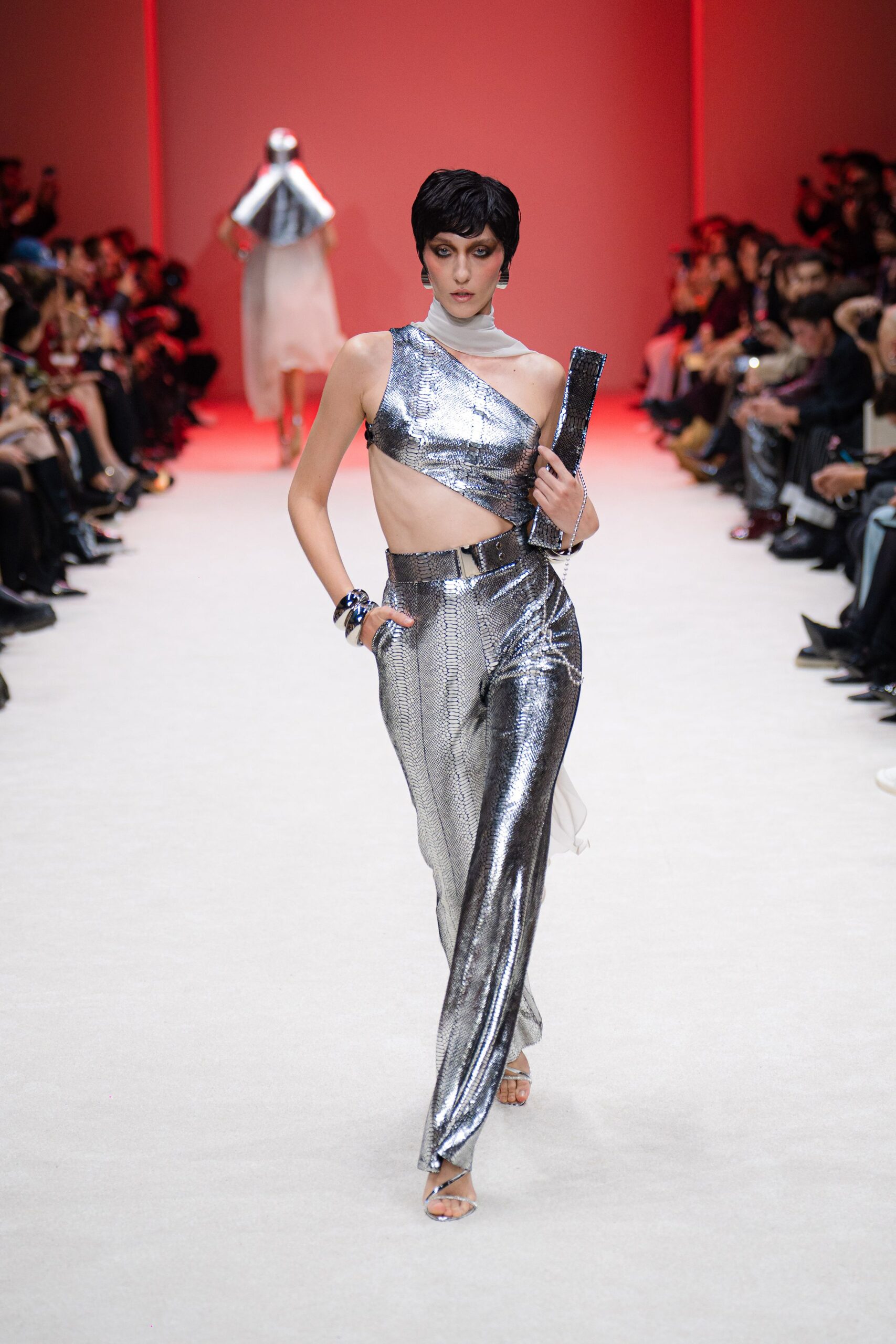 silver metallic fitted top and pants