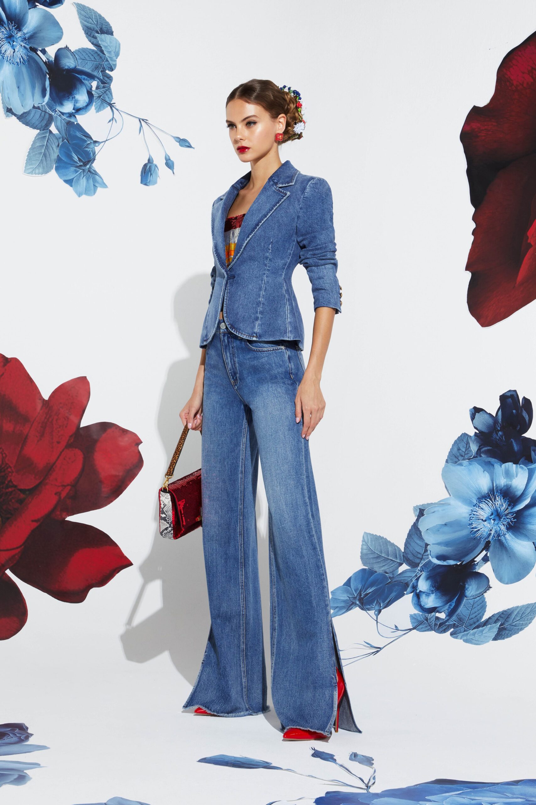 blue denim long-sleeve collared tailored zippered blazer