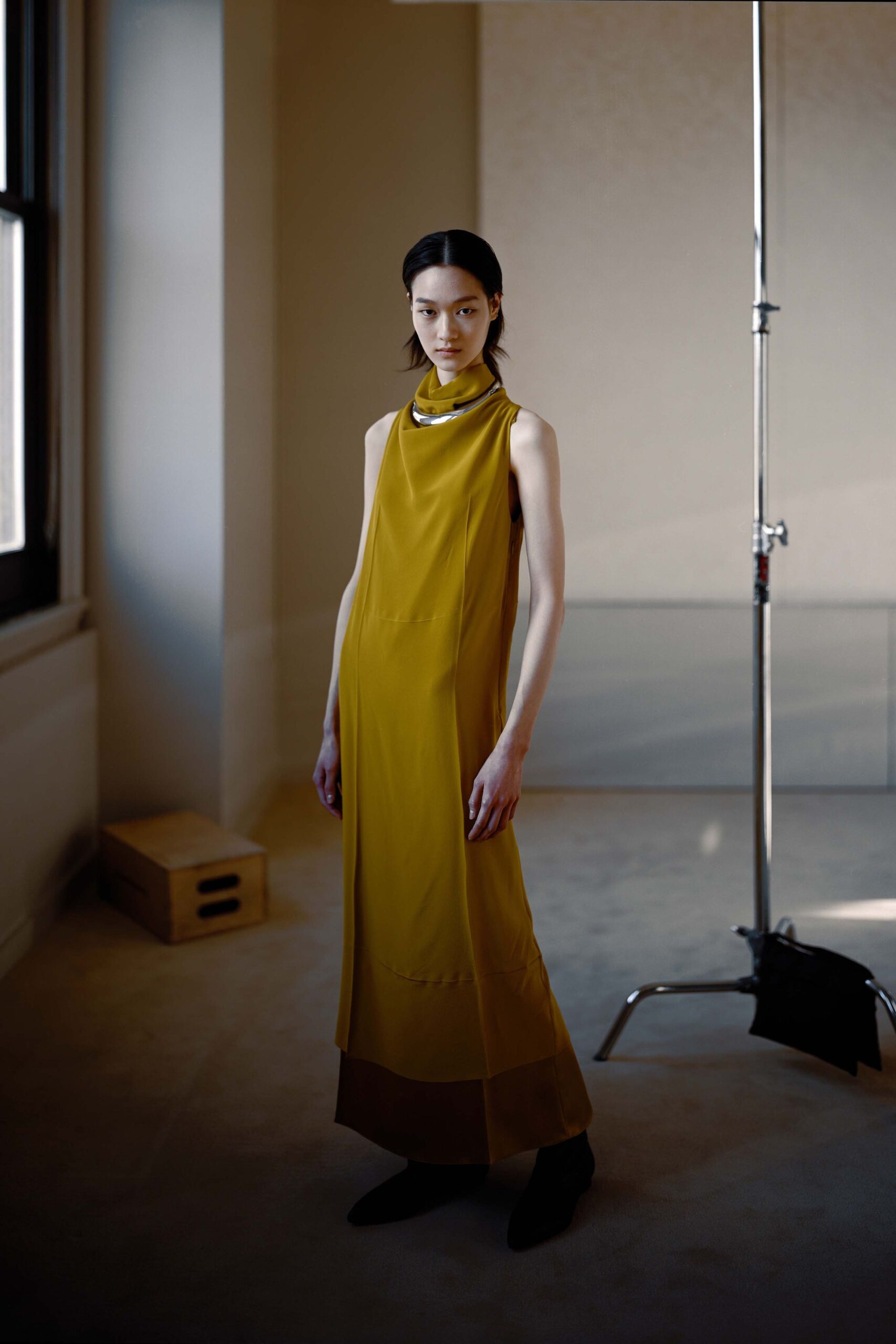 yellow silk sleeveless dress