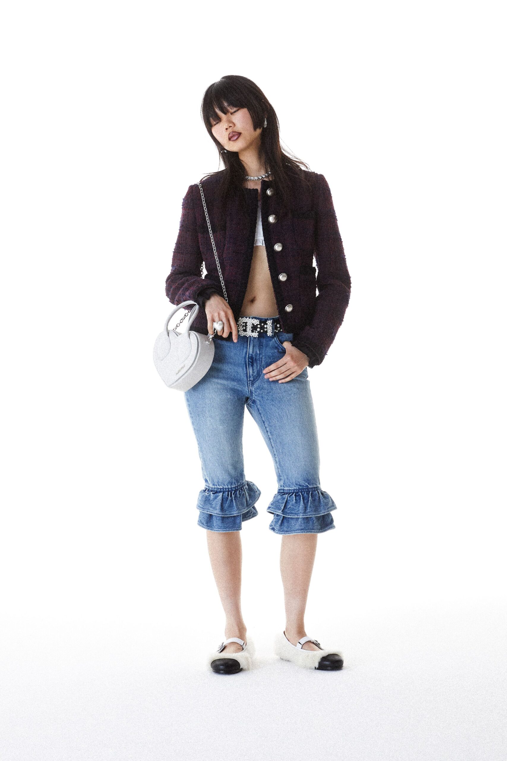 purple tweed long-sleeve collared fitted buttoned jacket