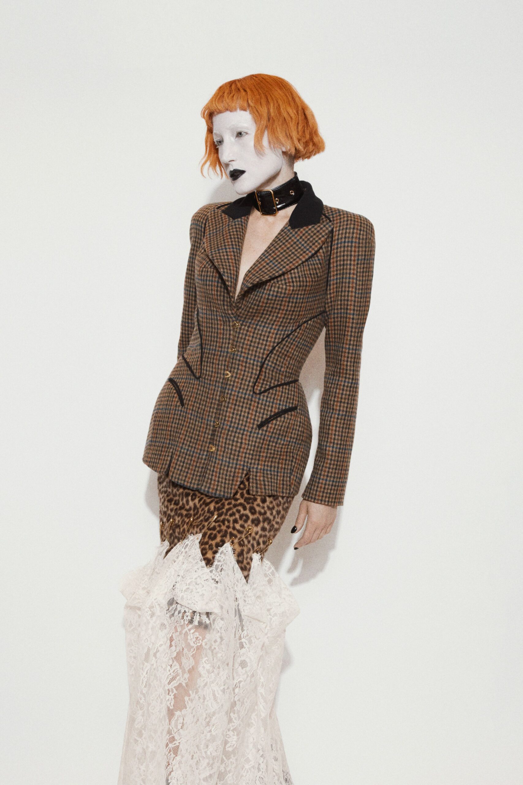 brown wool long-sleeve collared structured checked blazer