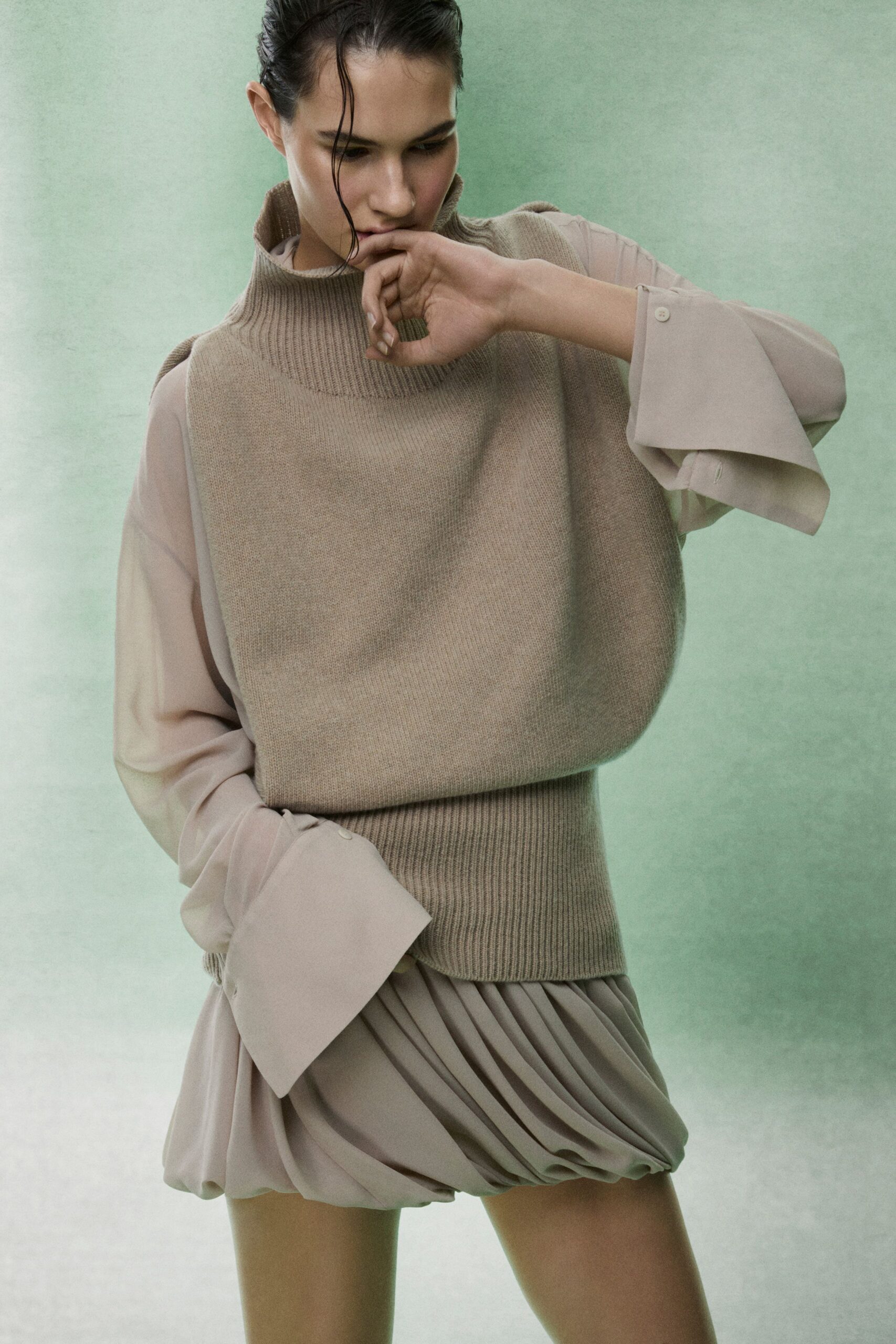 beige wool long-sleeve turtleneck relaxed layered top