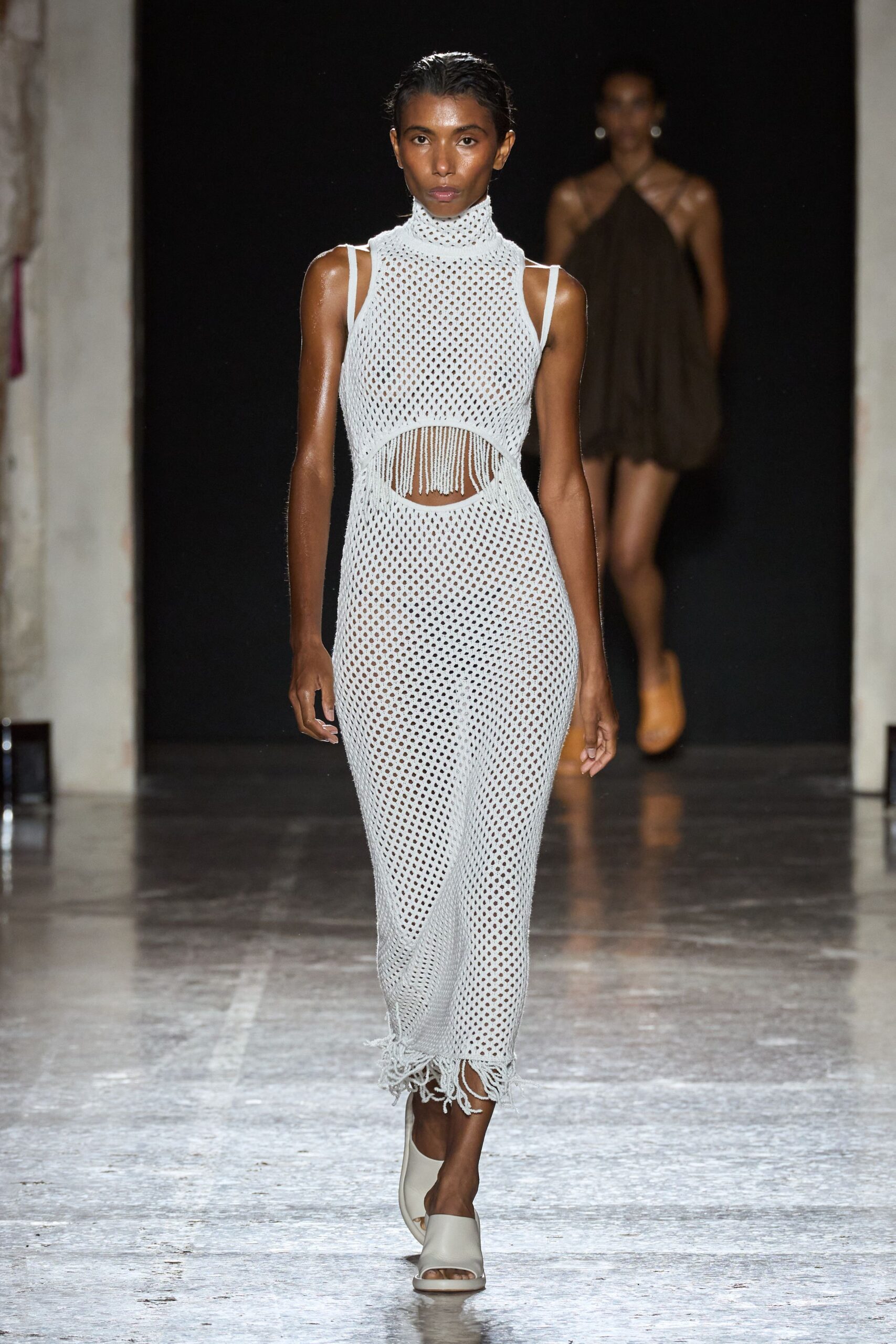 white mesh jumpsuit and brown dress