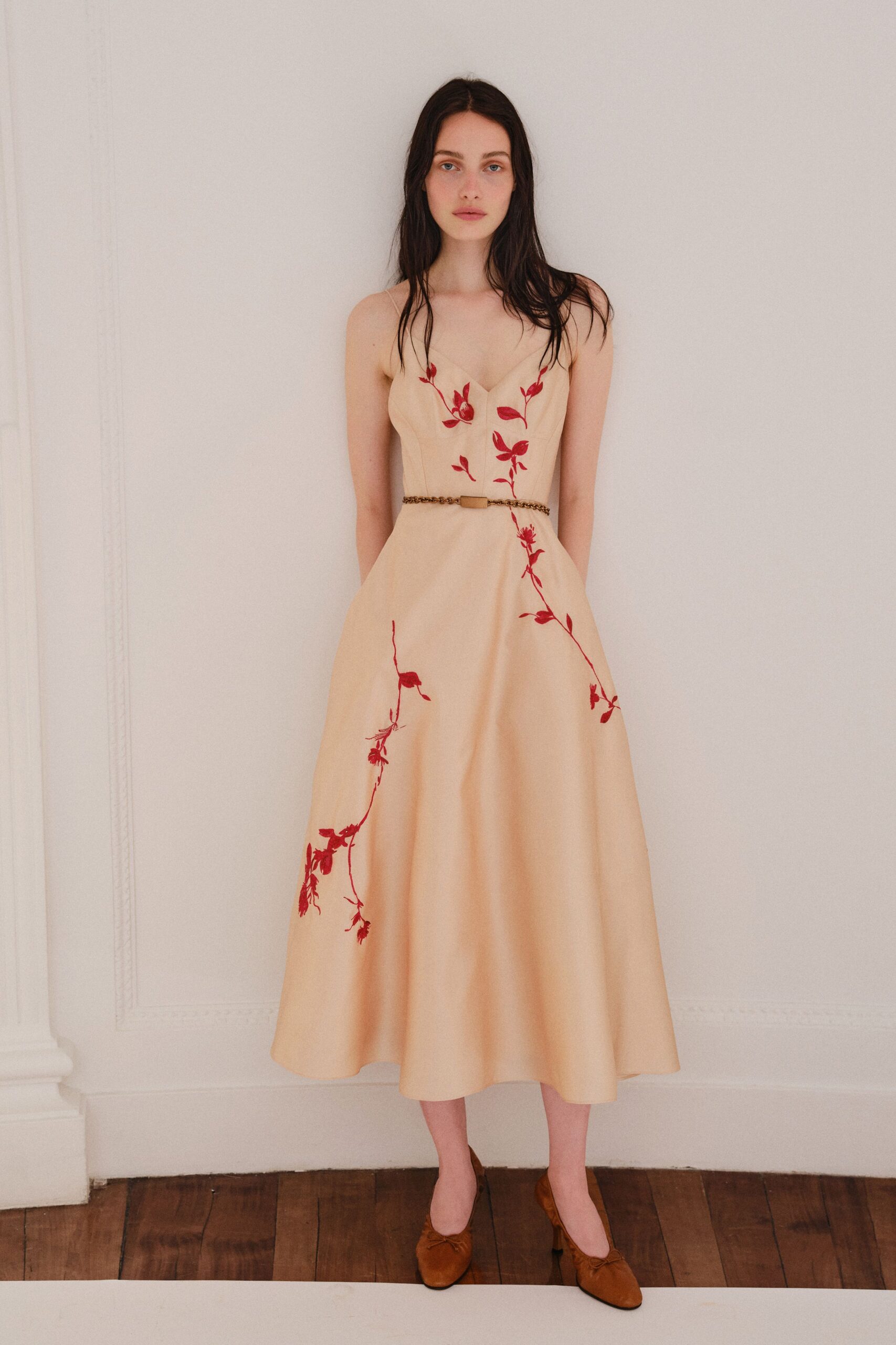 beige silk sleeveless v-neck fitted embroidered flared dress