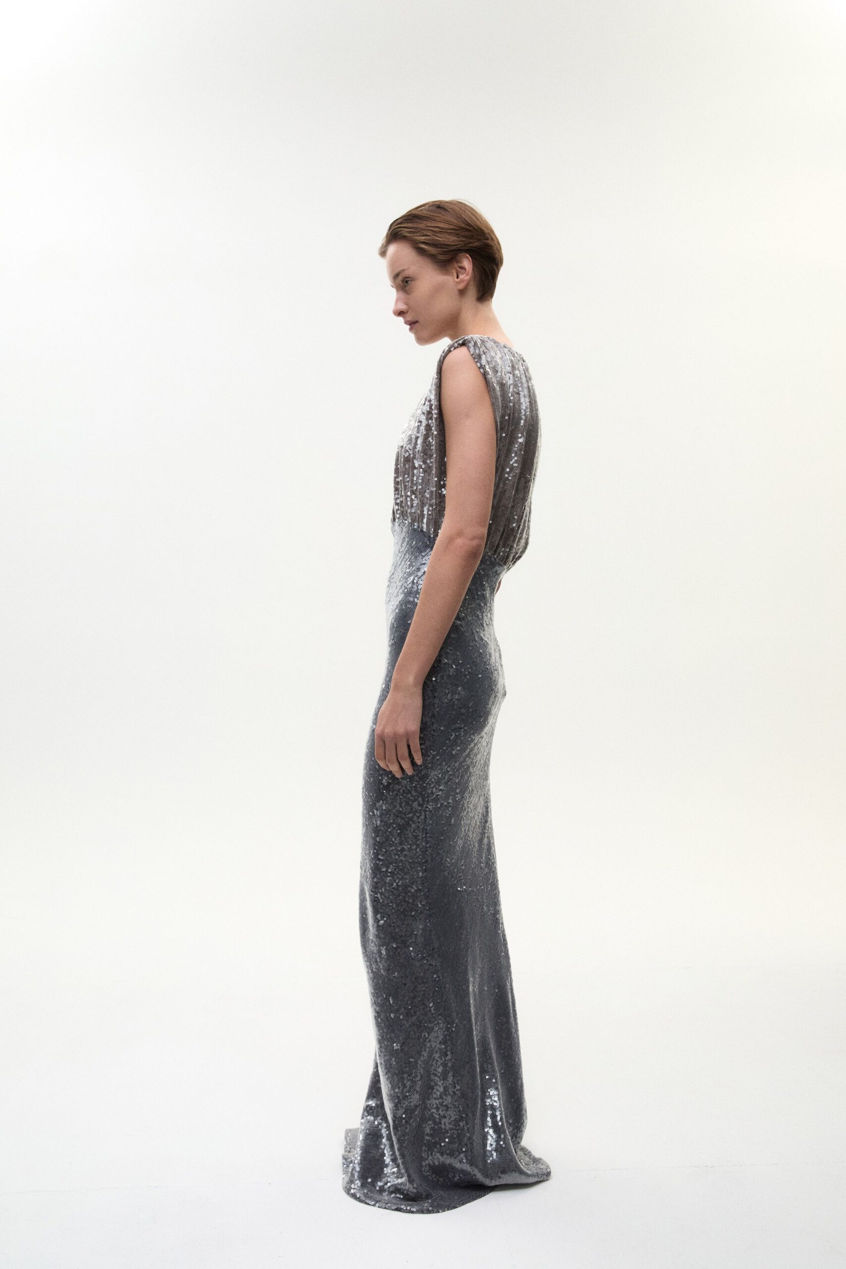 silver sequin fitted gown