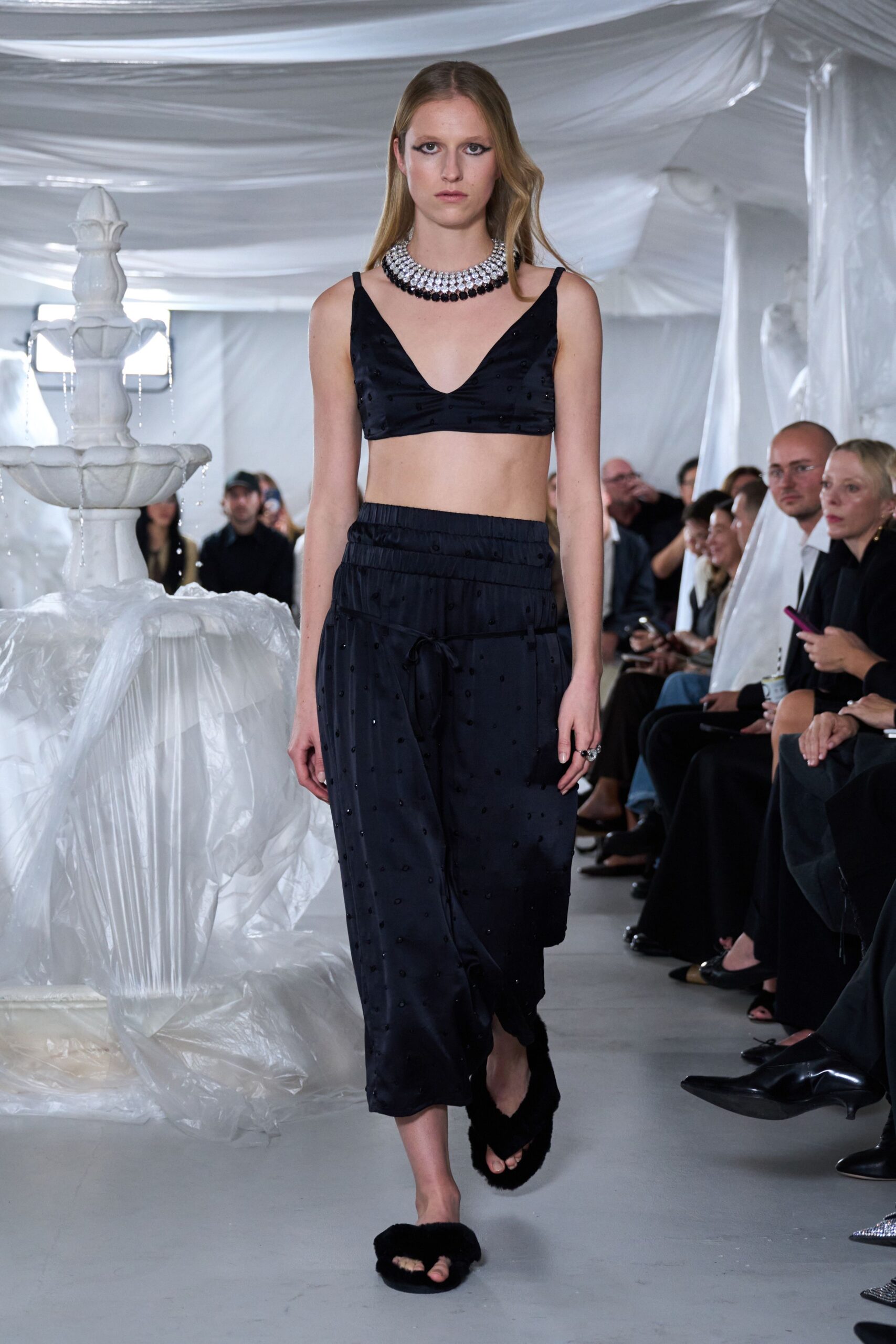 black silk relaxed pleated layered shiny midi skirt