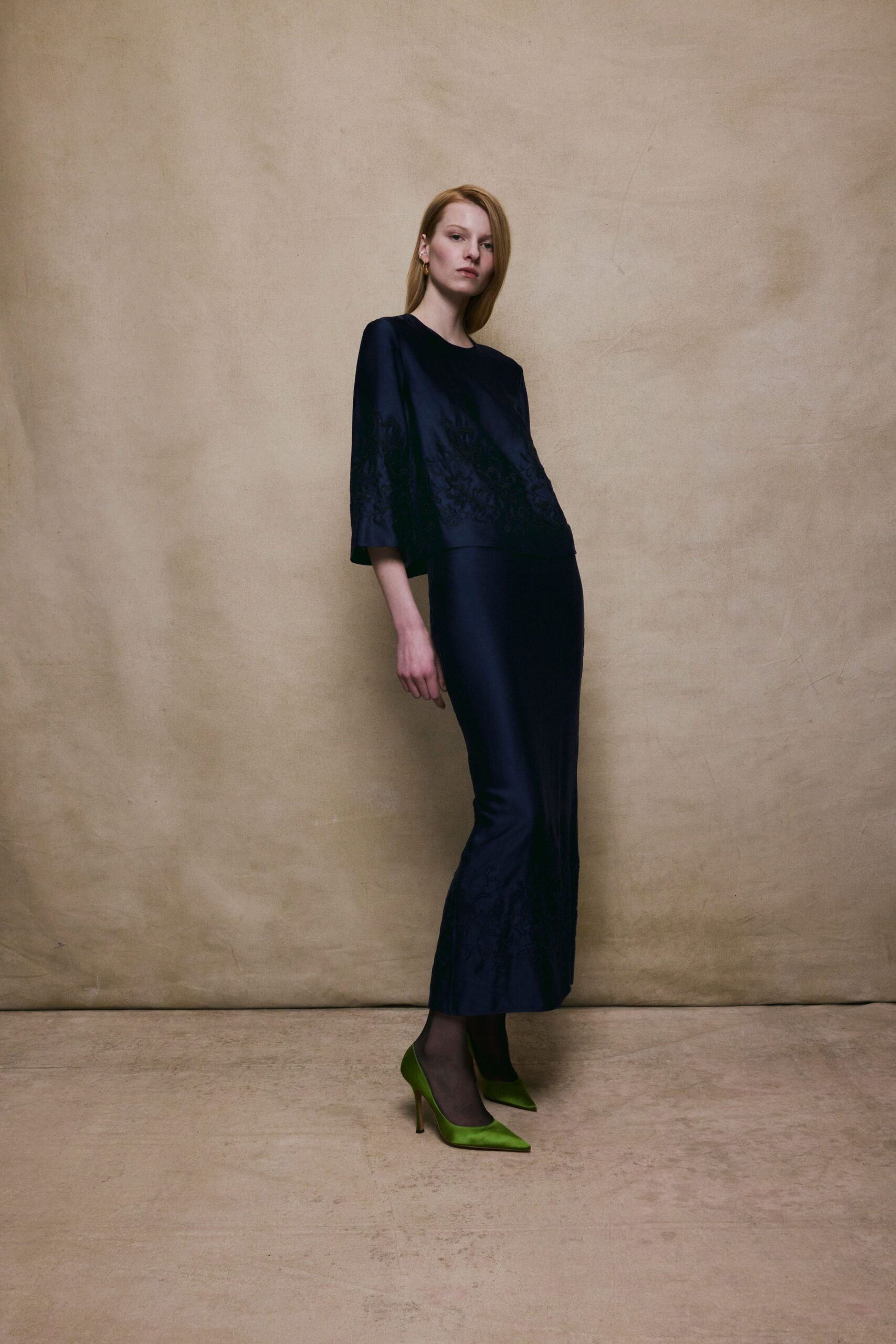 navy silk embroidered maxi dress with green heels
