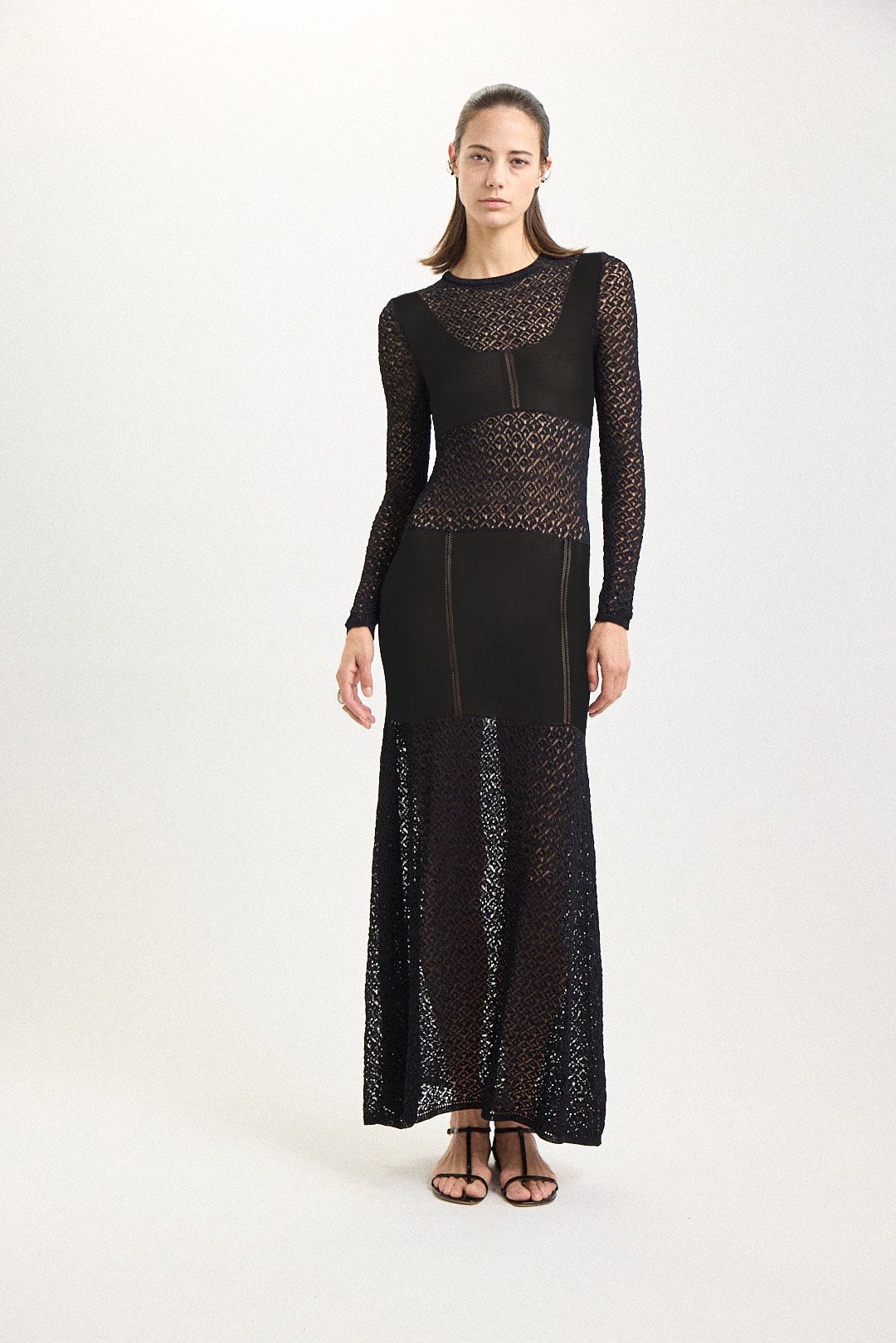 black lace maxi dress with strappy shoes