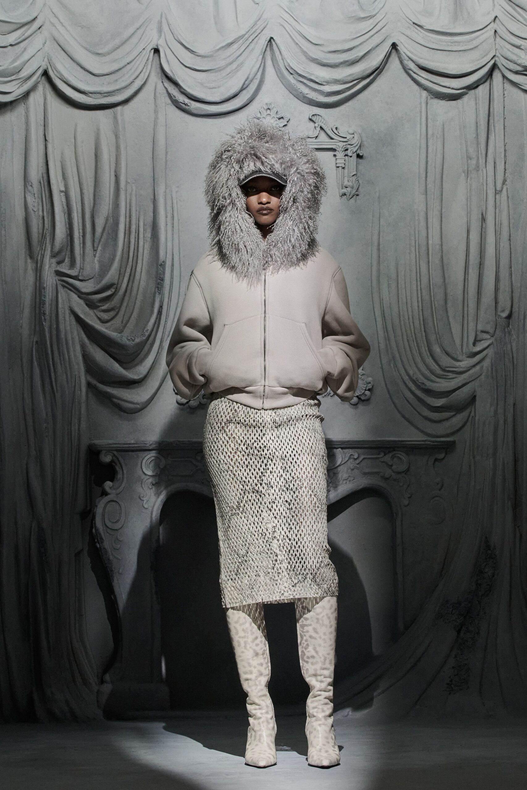 gray hoodie with faux-fur hat