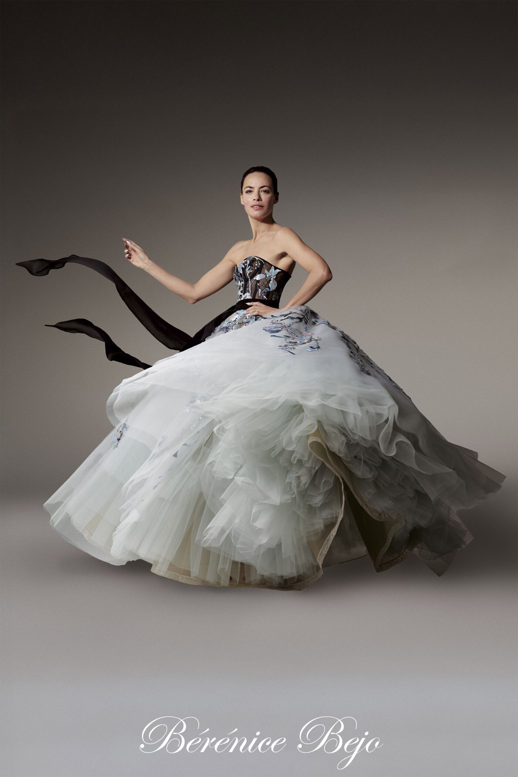 black and white strapless gown