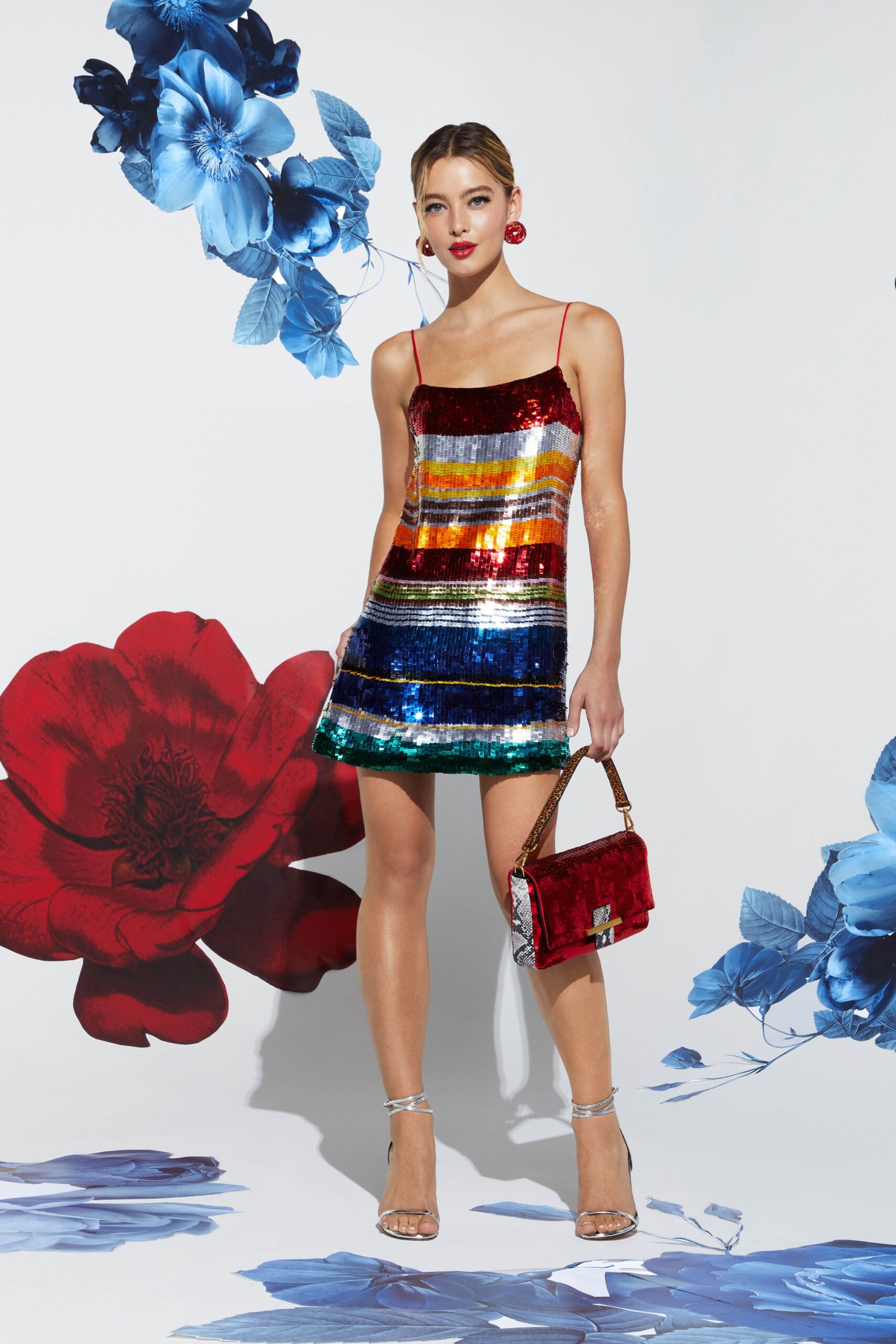 red sequin sleeveless fitted striped shiny mini mini-dress