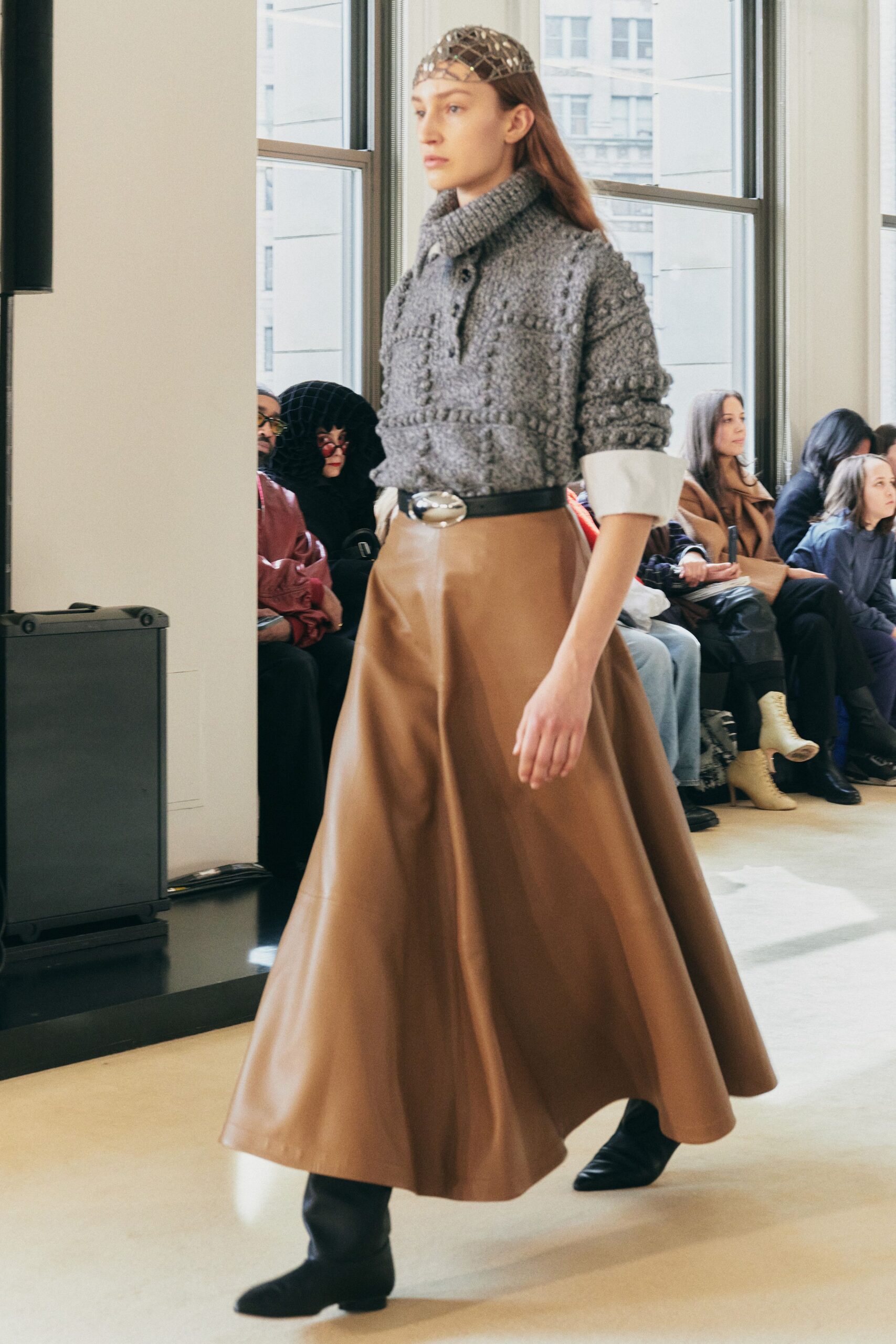 brown leather fitted flared maxi skirt