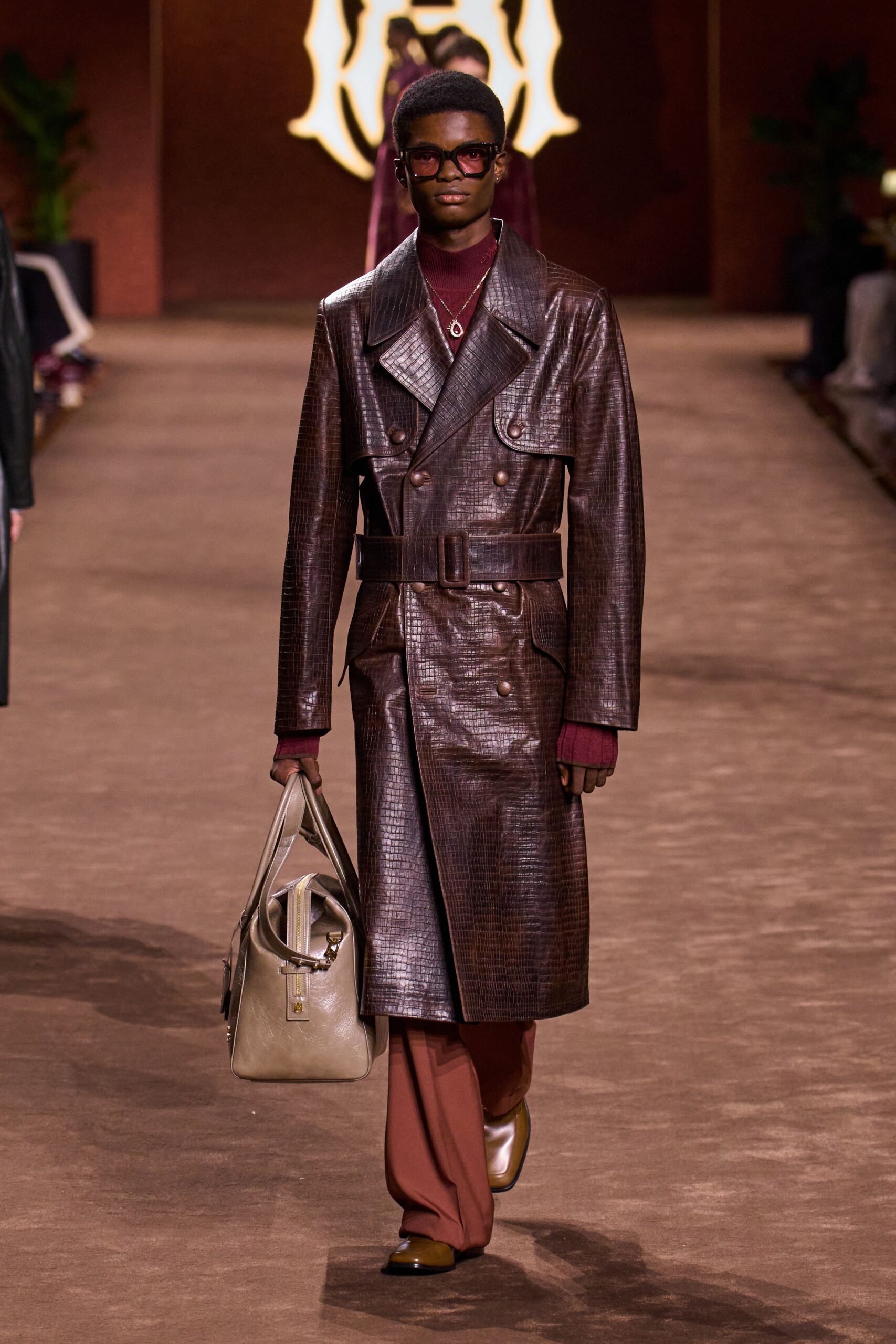 brown leather long-sleeve collared tailored belted textured coat