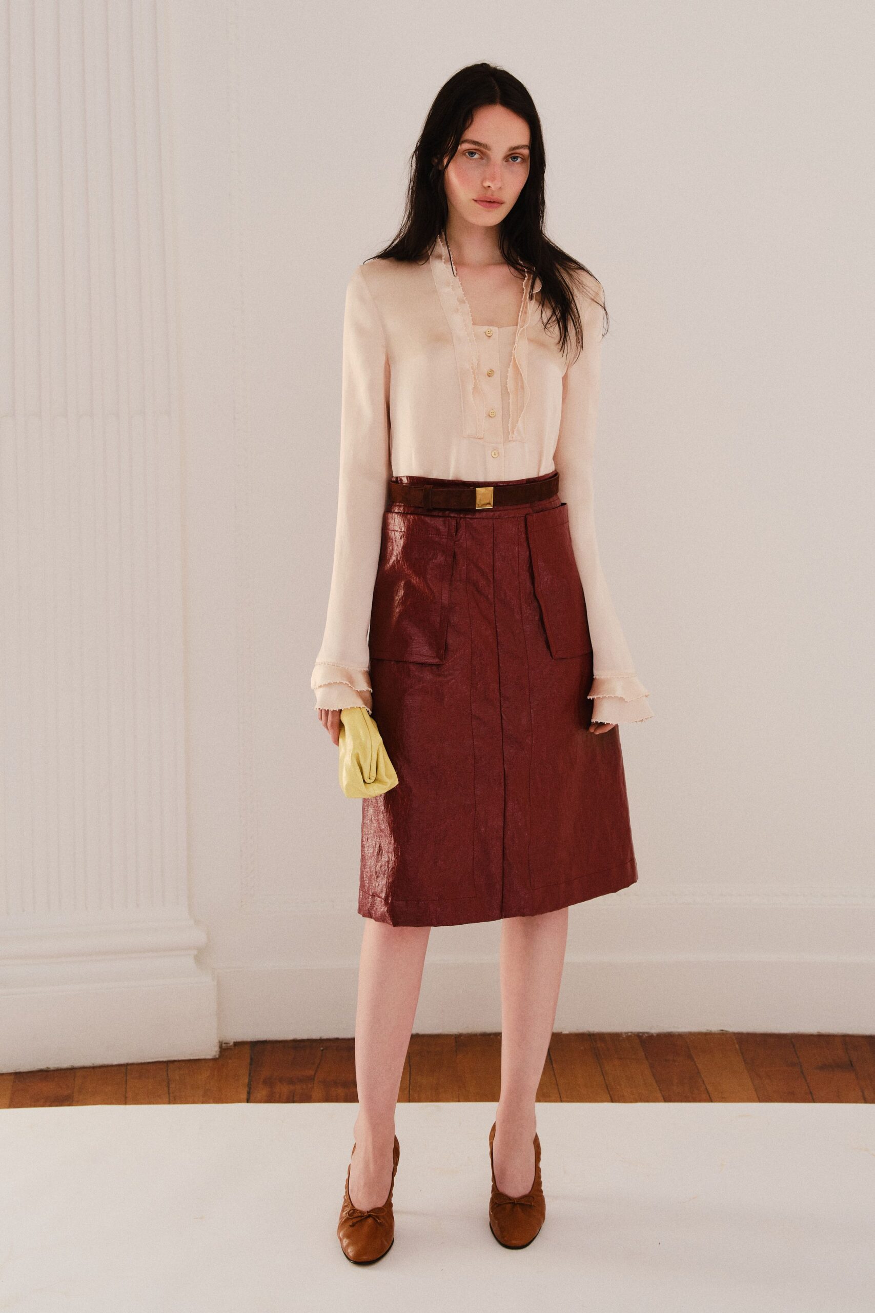 maroon metallic high-waisted pockets straight-leg shiny midi skirt