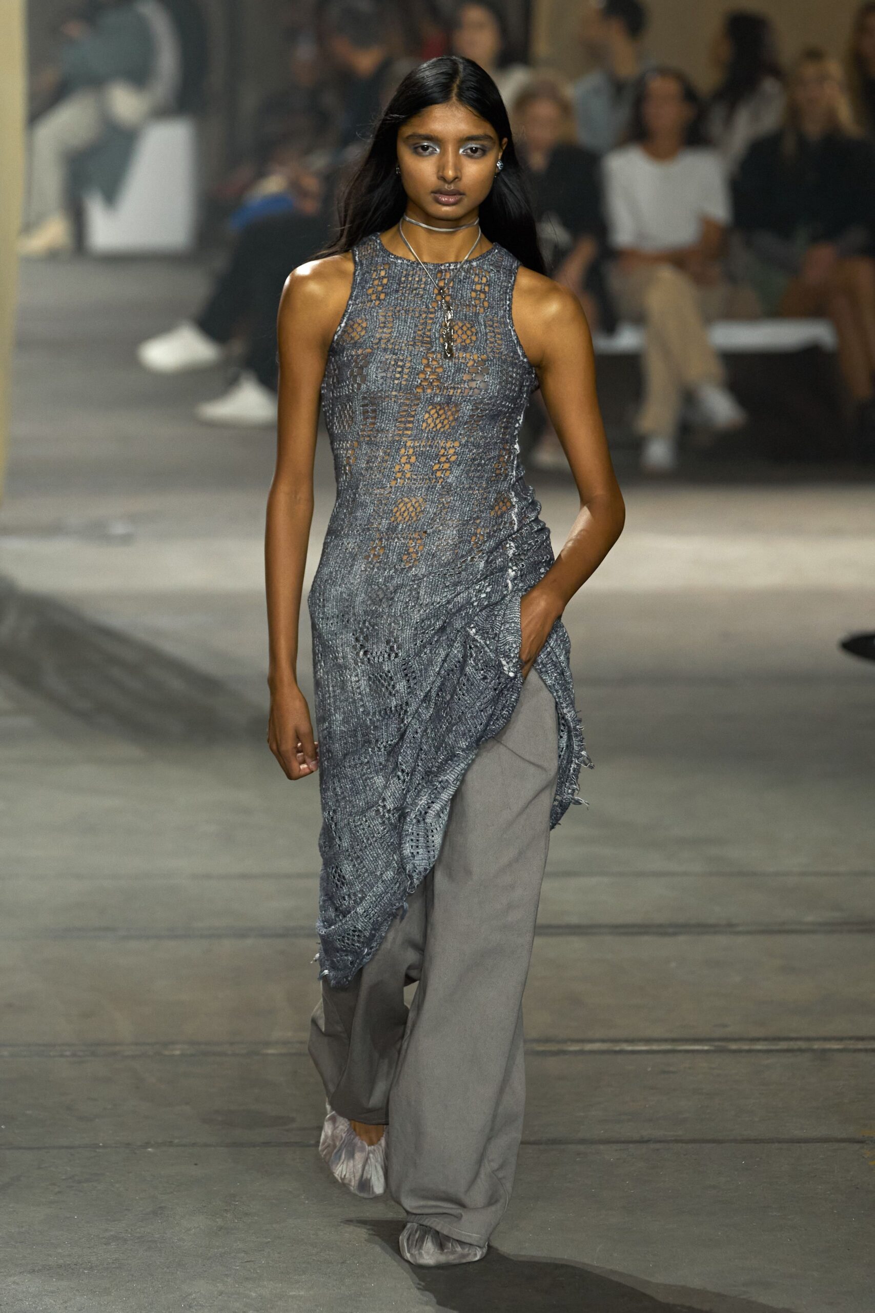gray cotton sleeveless high-neck fitted layered sheer dress