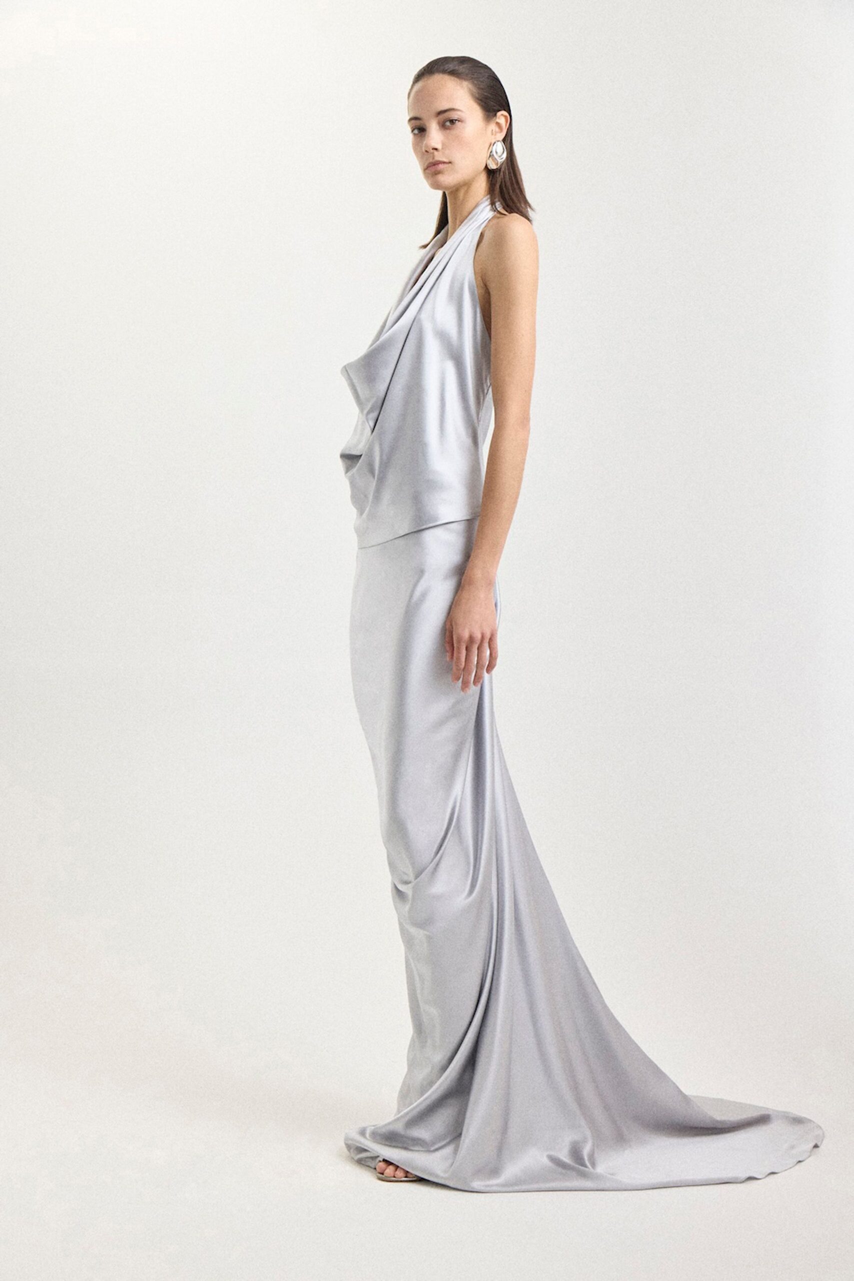 silver silk sleeveless gown